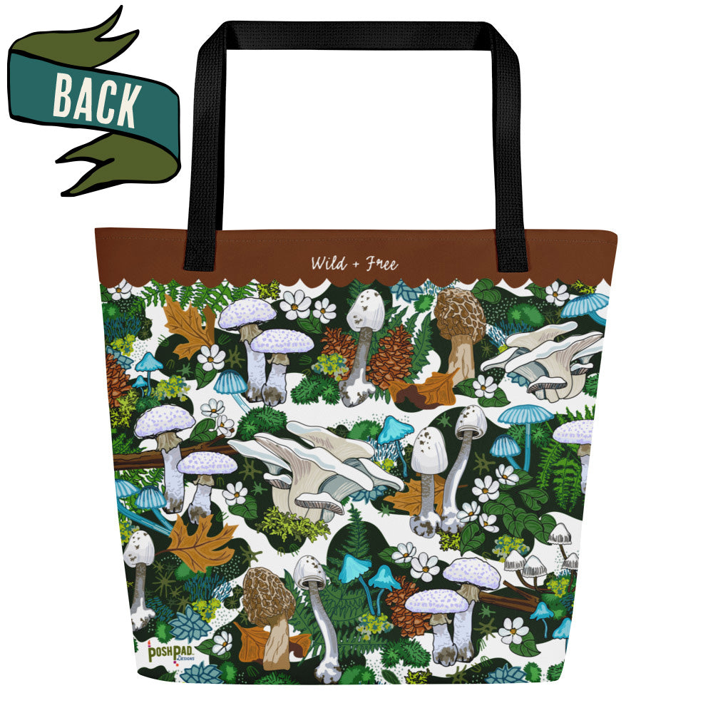 Back view of the Brown Mushroom Tote Bag with Large Inside Pocket - Go & Gather Weekender Tote Bag | Outdoor Market Shopping | Forest Art Weekender | Carry-all for Picnics & Pet Gear | Reusable Fabric Bag