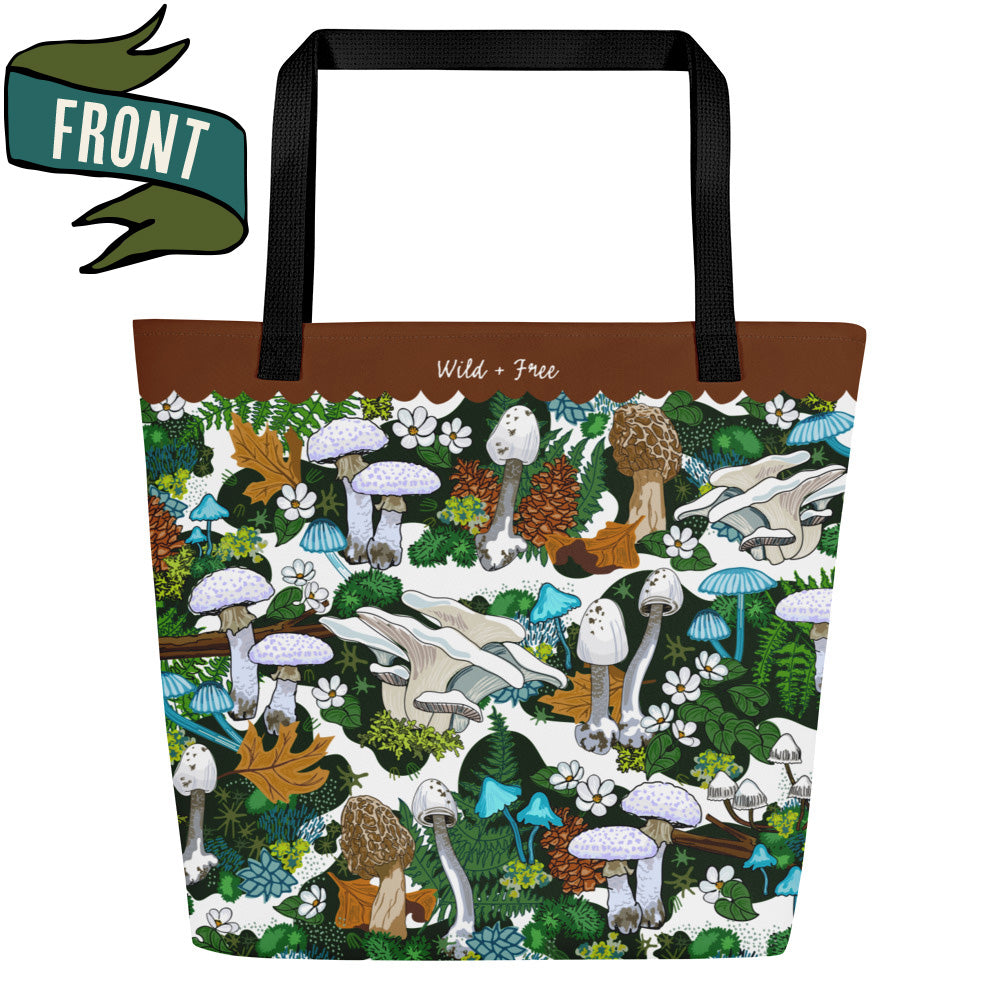 Front view of the Brown Mushroom Tote Bag with Large Inside Pocket - Go & Gather Weekender Tote Bag | Outdoor Market Shopping | Forest Art Weekender | Carry-all for Picnics & Pet Gear | Reusable Fabric Bag