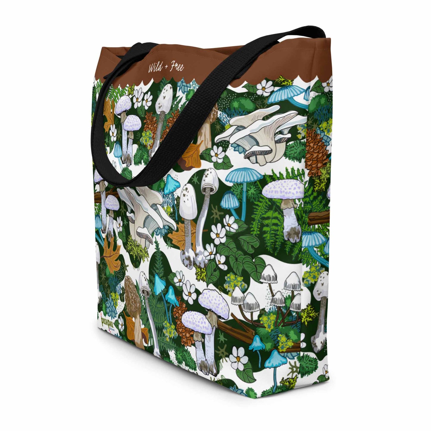 This three-quarter view shows the height and depth of the green mushroom tote with a large inside pocket.