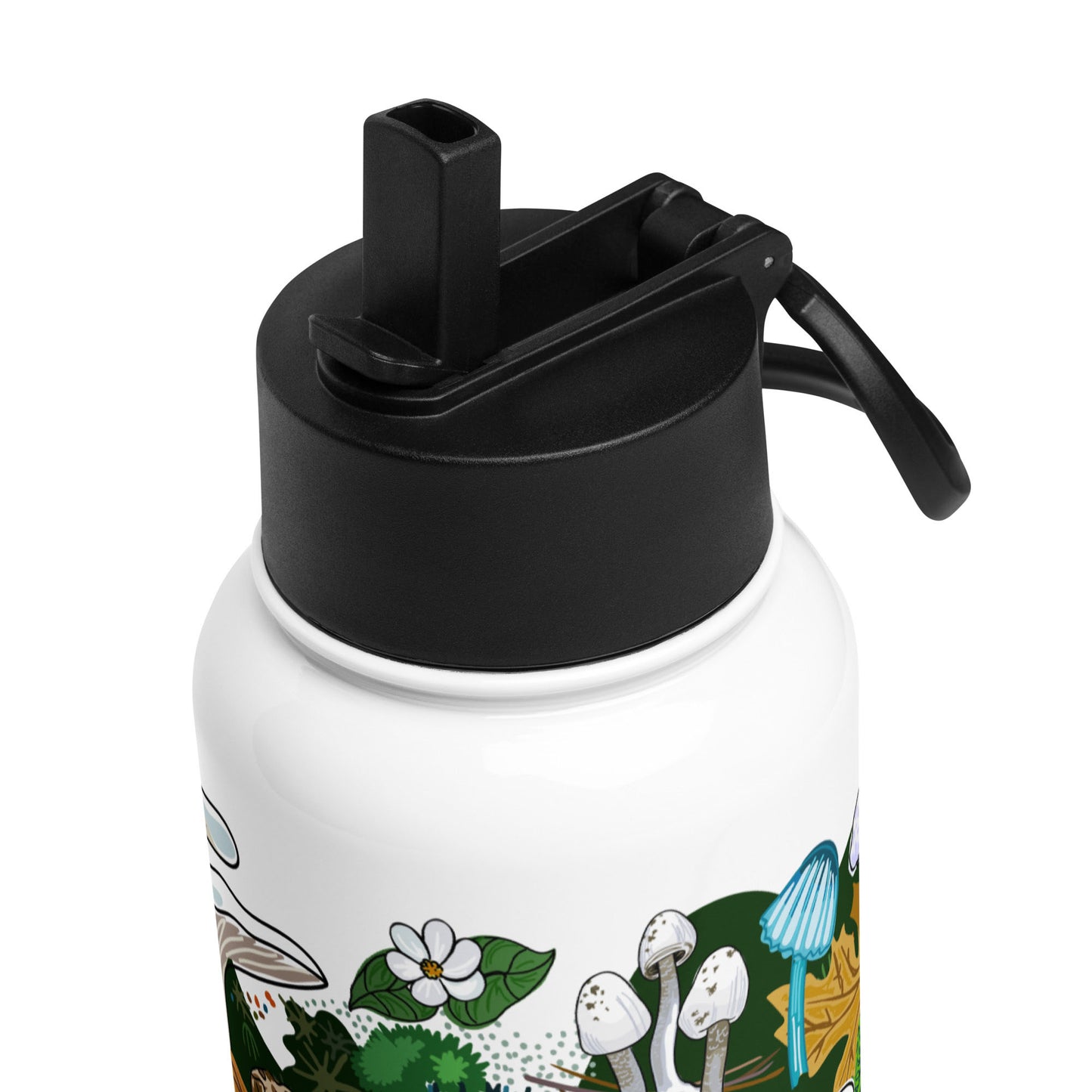This is a close-up image of the black lid that shows the adjustable handle and the pop-up straw.