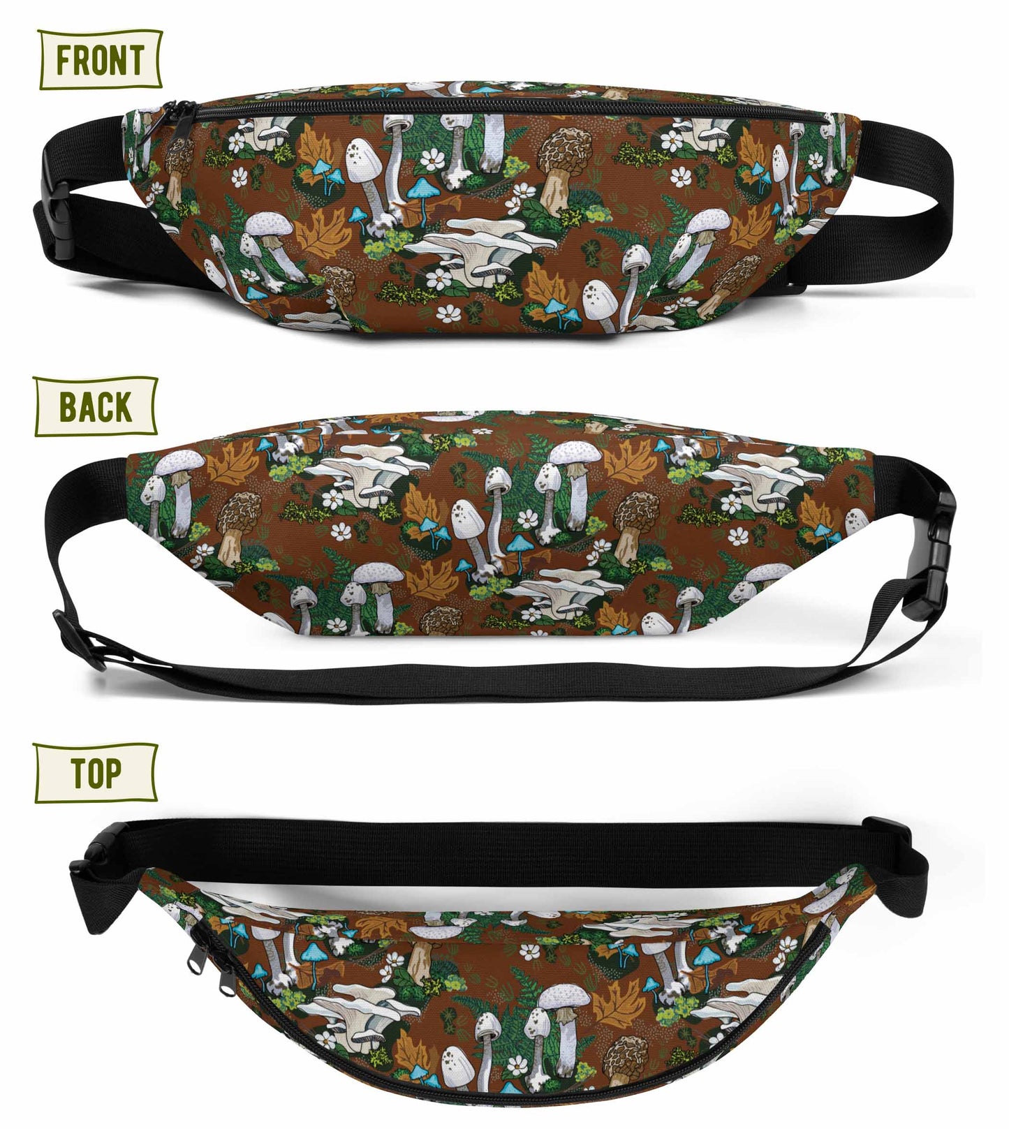 Image shows three views of the hip pack - front, back, and top views.