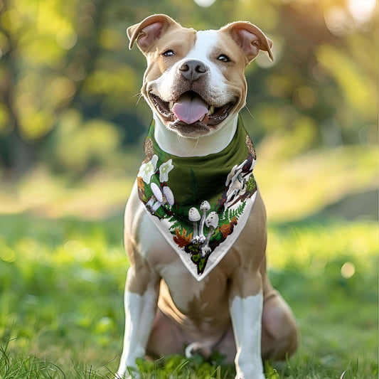 White mushroom bandana on a dog.