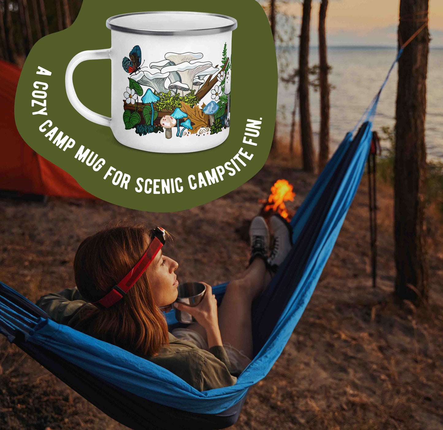 Female camper laying in a hammock by a lake with a red tent. There is a graphic at the top of a green organic shape around a photo of the mug. The words "A cozy camp mug for scenic campsite fun."