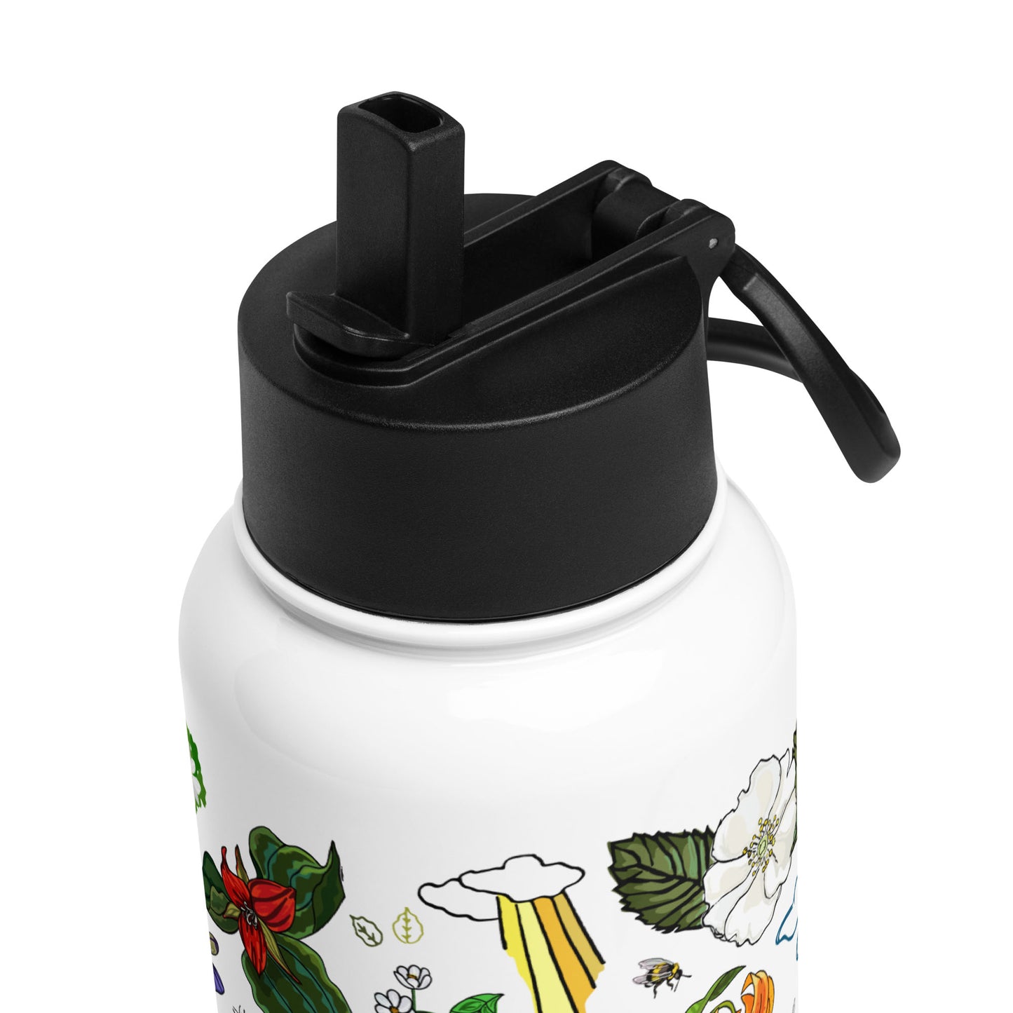 This is a close-up image of the black lid that shows the adjustable handle and the pop-up straw.