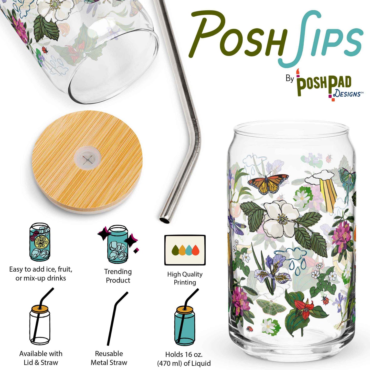 This infographic shows an angle of the glass with the lid and straw sitting beside it and a photo of the glass by itself. Product perks include a wide top that makes it easy to add ice and fruit, high-quality printing, an available option with a reusable metal straw and eco-friendly bamboo lid, and it holds 16 ounces of liquid.