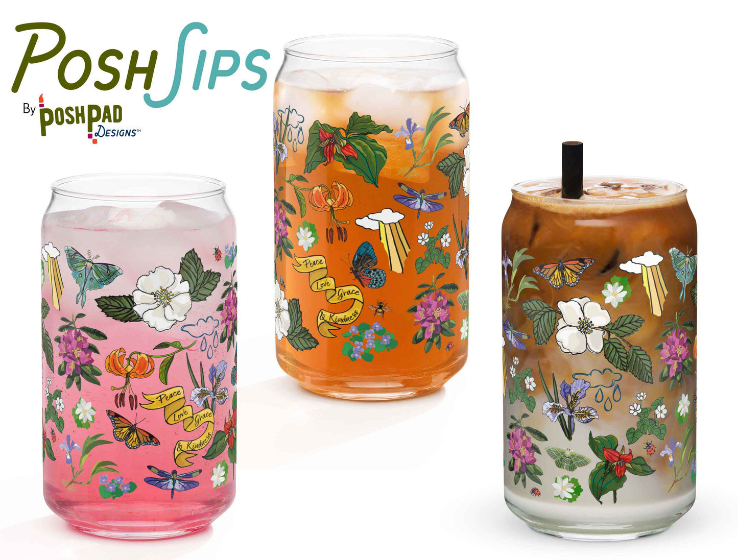 This image shows three glasses, each one with a different drink to show how the glass looks with differently colored liquid in it. There's a glass of pink drink, iced tea, and another with an iced latte.