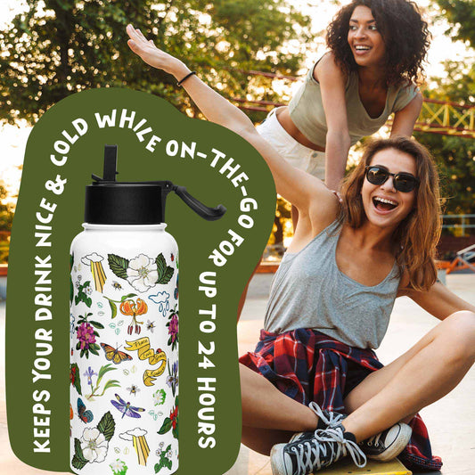 There is a photo of the water bottle laid on top of a green organic shape. The words "Keeps you drink nice & cold while on the go for up to 24 hours" are written around the water bottle. There's a background photo of two women in an urban setting. One woman is pushing the other on a skateboard.