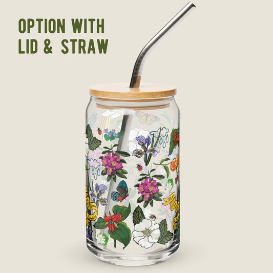 Wildflower glass tumbler with the lid and straw option on an ivory background.