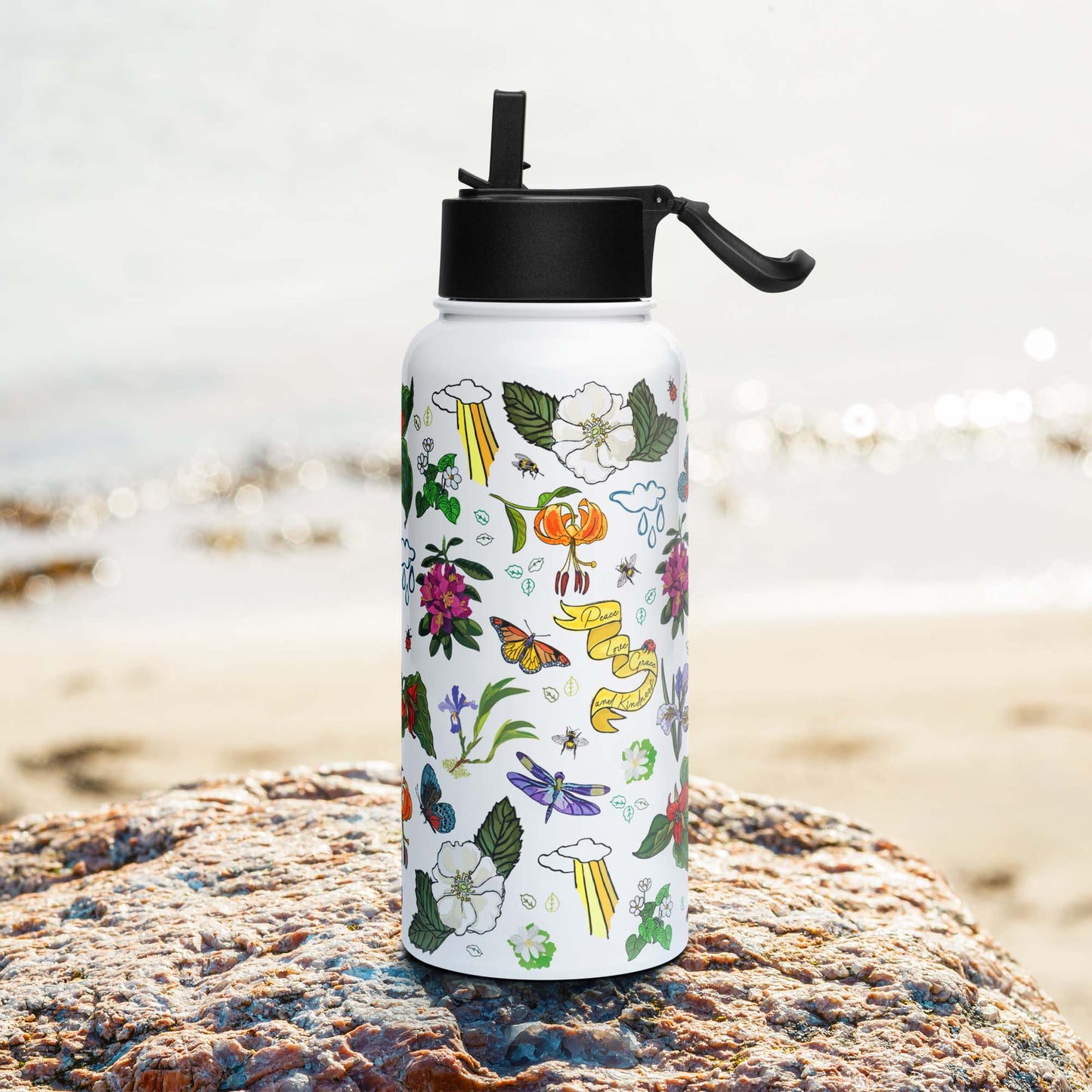 Right side of the Wildest Wildflowers Insulated Water Bottle with Straw Lid | Wild Roses, Rhododendrons, Lilies, Butterflies, and Bees | Outdoorsy Girl Gift