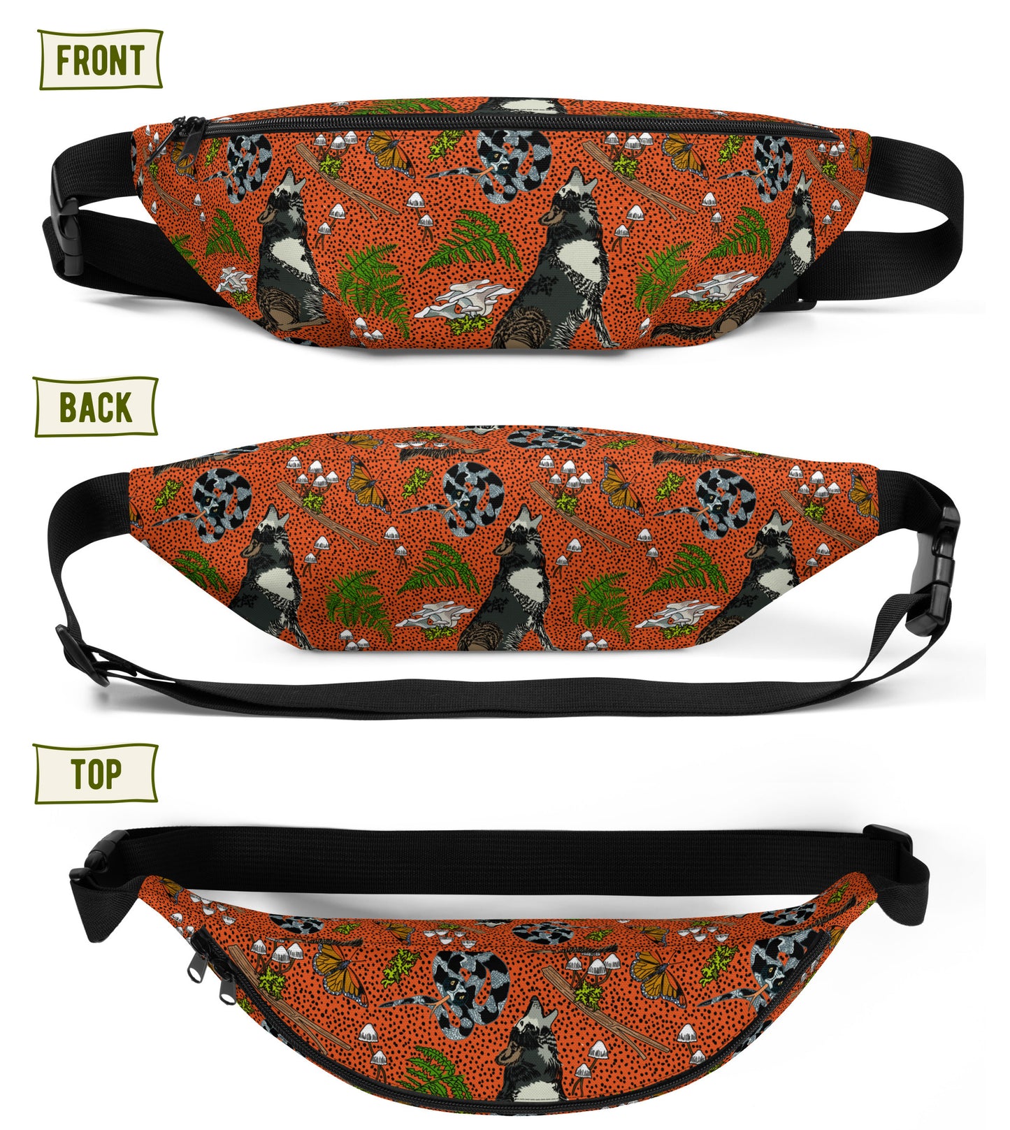 Image of the pack from different angles showing the front, back, and top.