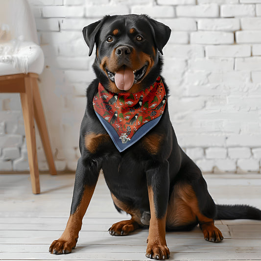 A brown and black dog wearing the wild wolf bandana around her neck. She's in a cozy white boho-style room.