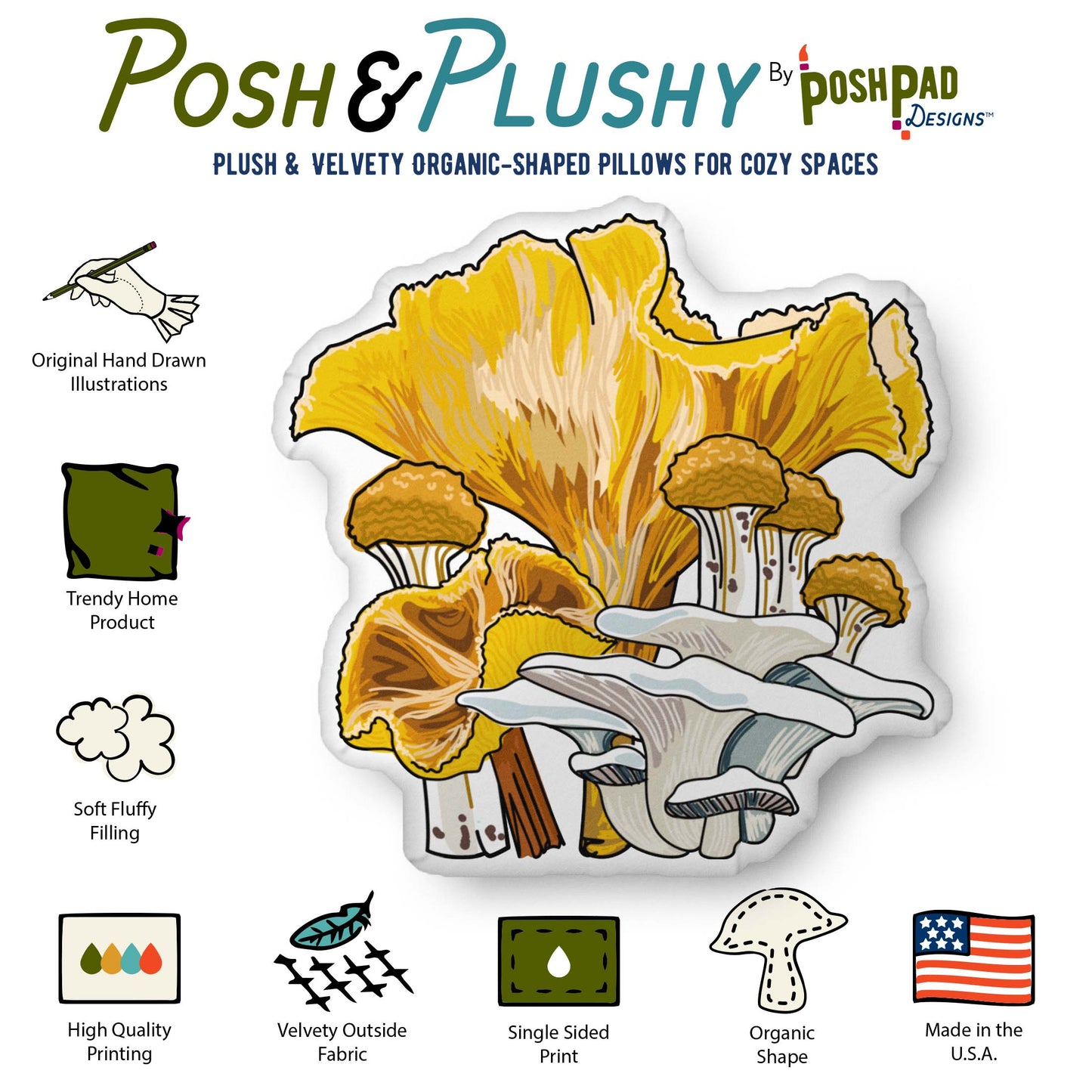 This is an infographic showing the pillow perks. Those perks include hand-drawn illustration, trending home product, soft fluffy filling, high-quality printing, velvety fabric, organic shape, and made in the U.S.A.