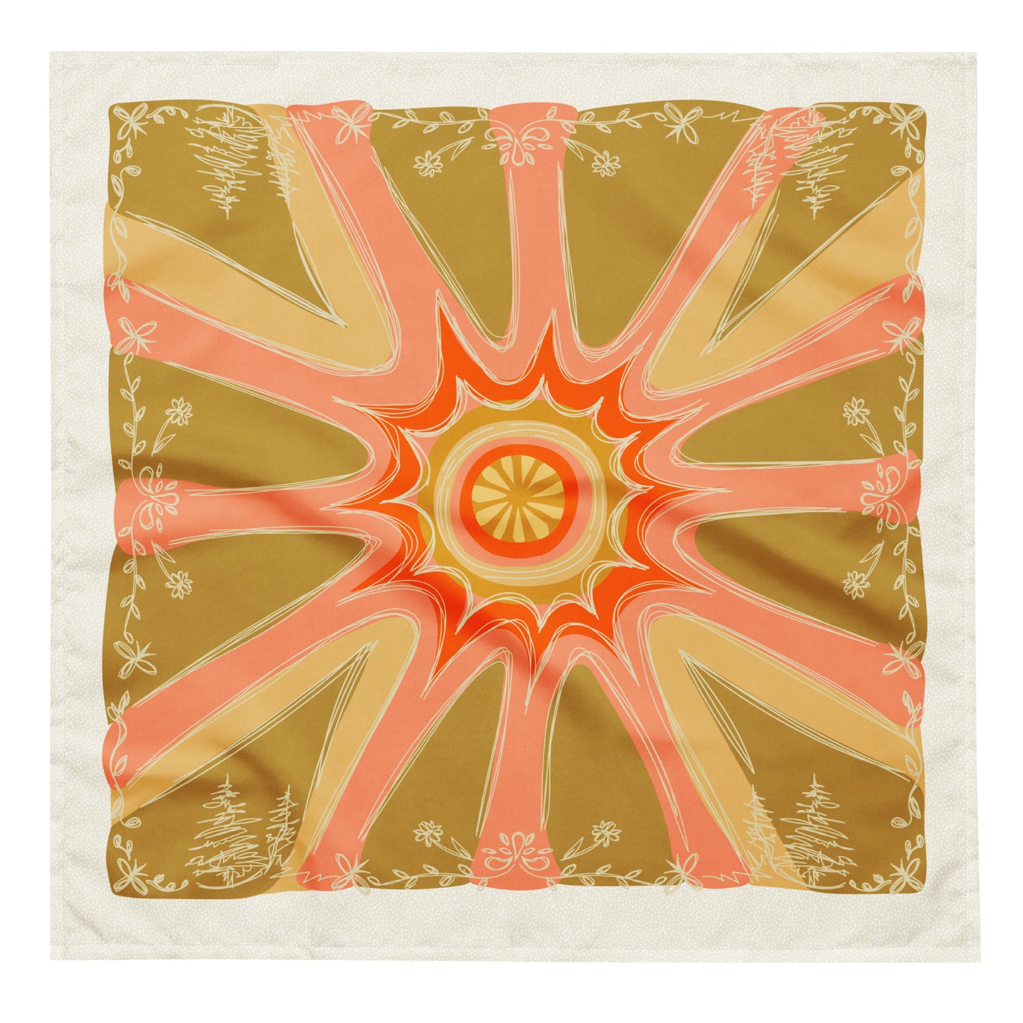 This is a flat image of the terracotta sun bandana scarf. The illustration style is sketchy line work. The border is of flowers, trees, leaves, and shapes. The center of the illustration is an abstract sun with rays in gold, peach, and yellow colors.