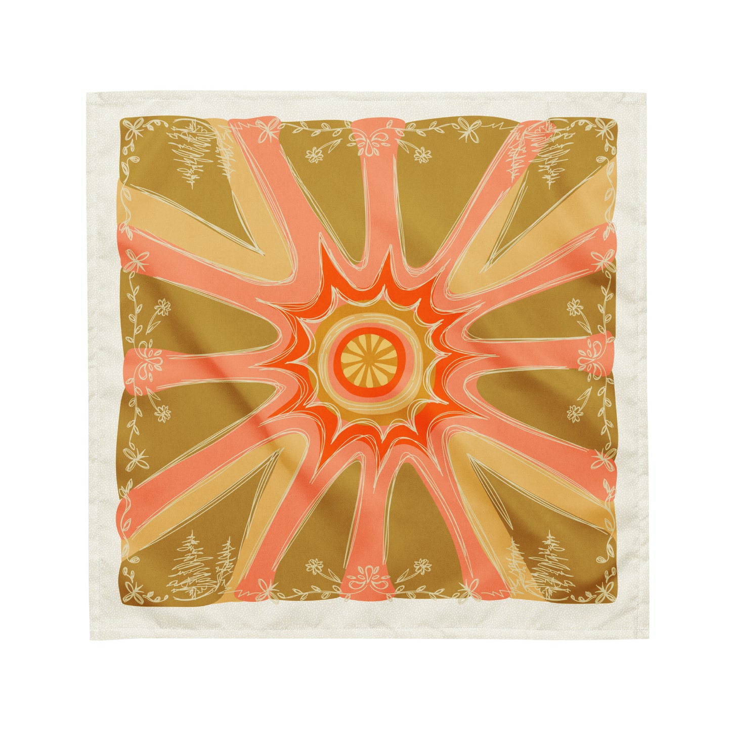 This is a flat image of the terracotta sun bandana scarf. The illustration style is sketchy line work. The border is of flowers, trees, leaves, and shapes. The center of the illustration is an abstract sun with rays in gold, peach, and yellow colors.