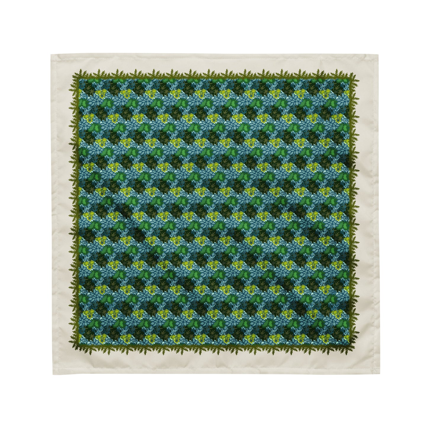 This is a flat view of the whole bandana scarf. It shows the illustrations of white and brown mushrooms, fall leaves, ferns, moss and white moon flowers.