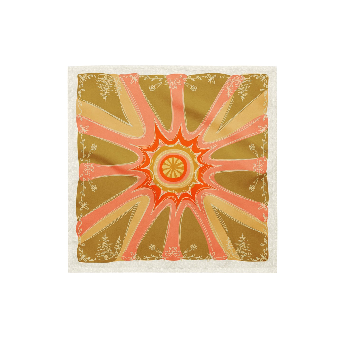 This is a flat image of the terracotta sun bandana scarf. The illustration style is sketchy line work. The border is of flowers, trees, leaves, and shapes. The center of the illustration is an abstract sun with rays in gold, peach, and yellow colors.