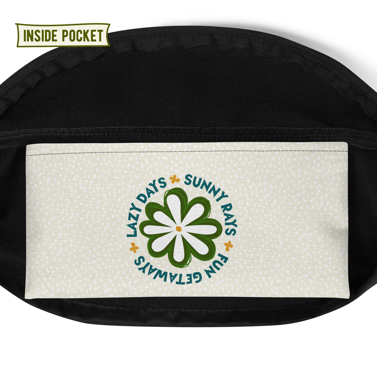 Interior pack pocket. It's ivory with a daisy in the middle.