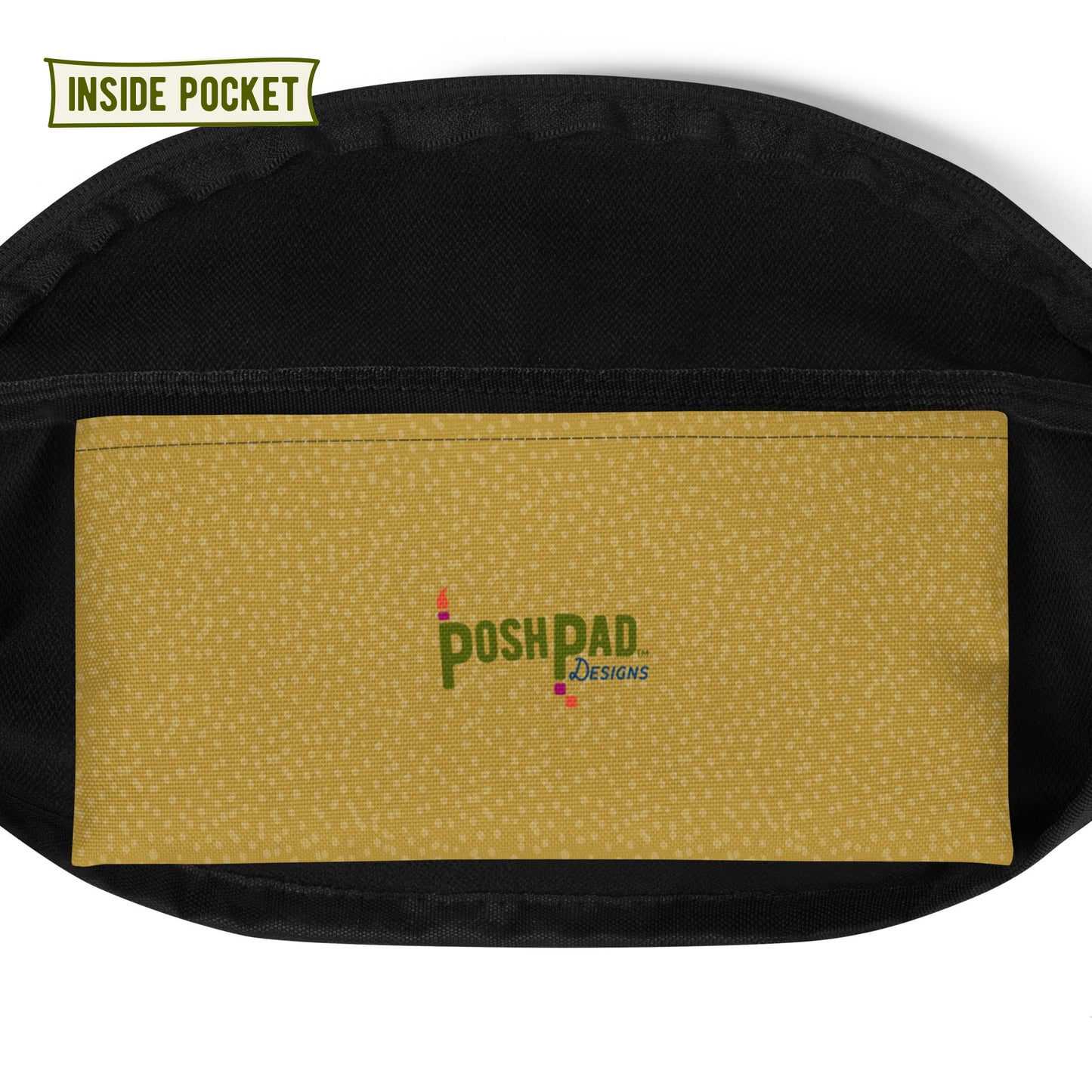 Interior pack pocket. It's yellow with the Posh Pad logo in the middle.