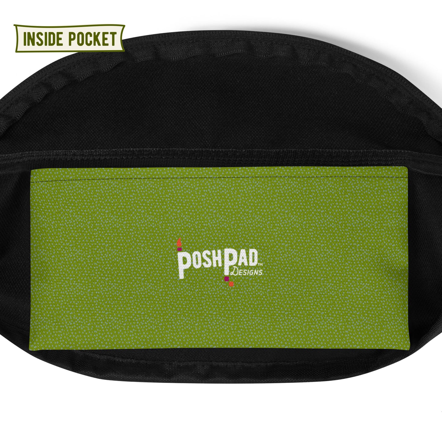 Interior pack pocket. It's green with the Posh Pad logo in the middle.
