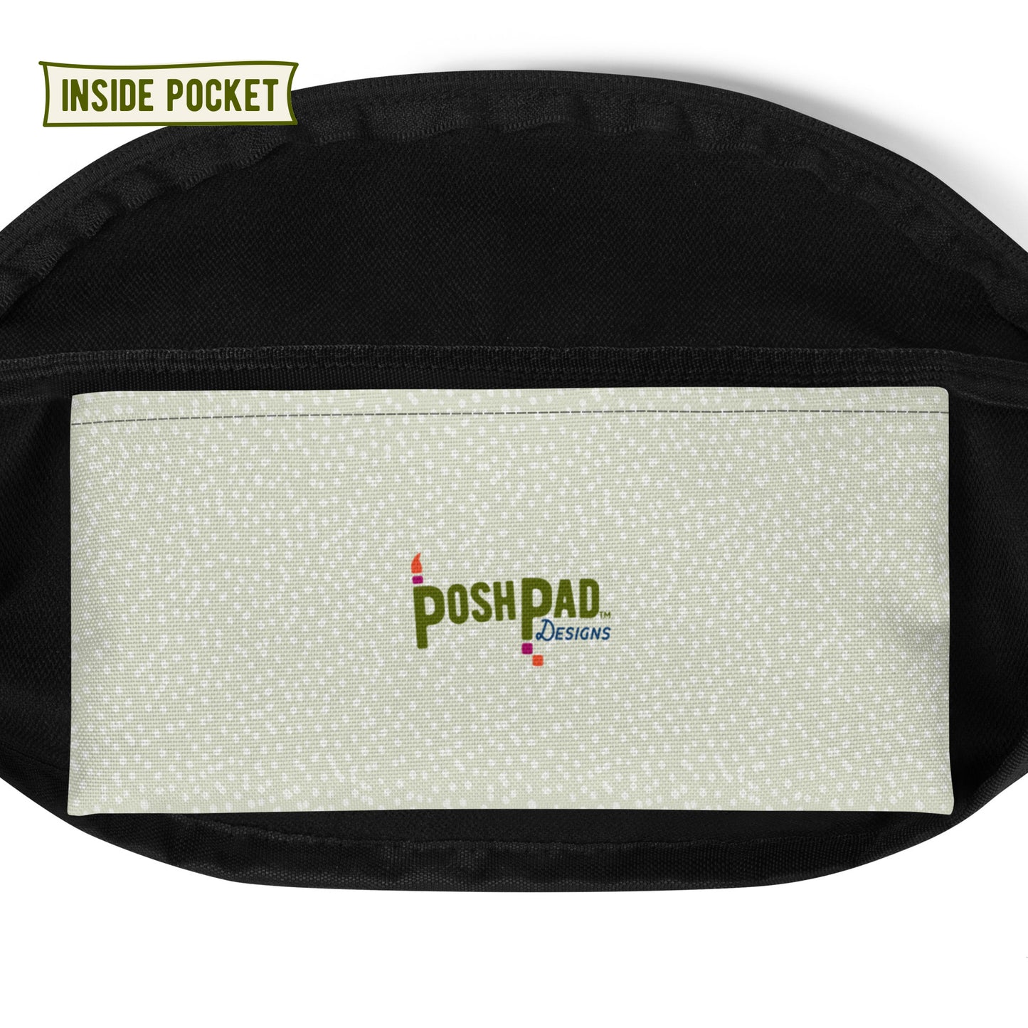 Interior pack pocket. It's ivory with the Posh Pad logo in the middle.