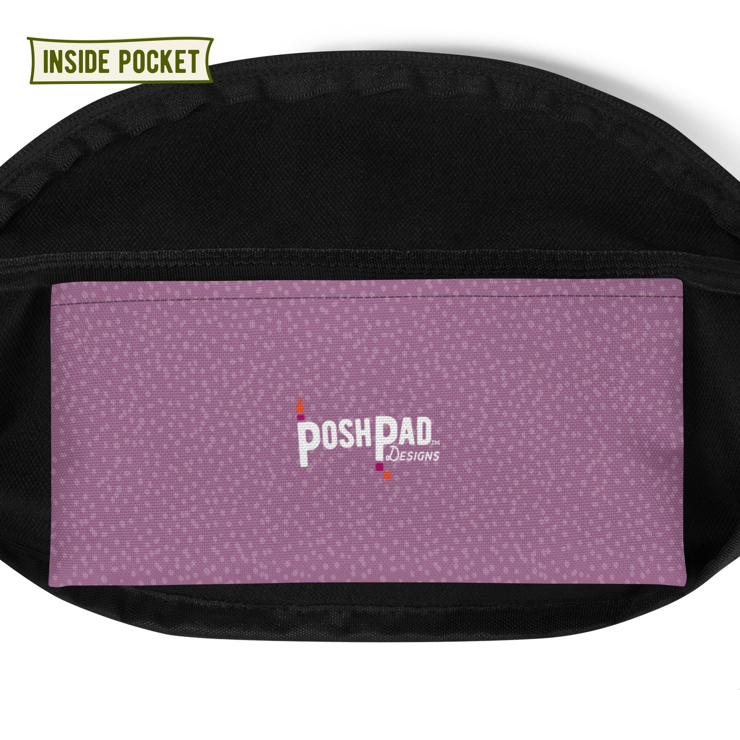 Interior pack pocket. It's purple with the Posh Pad logo in the middle.