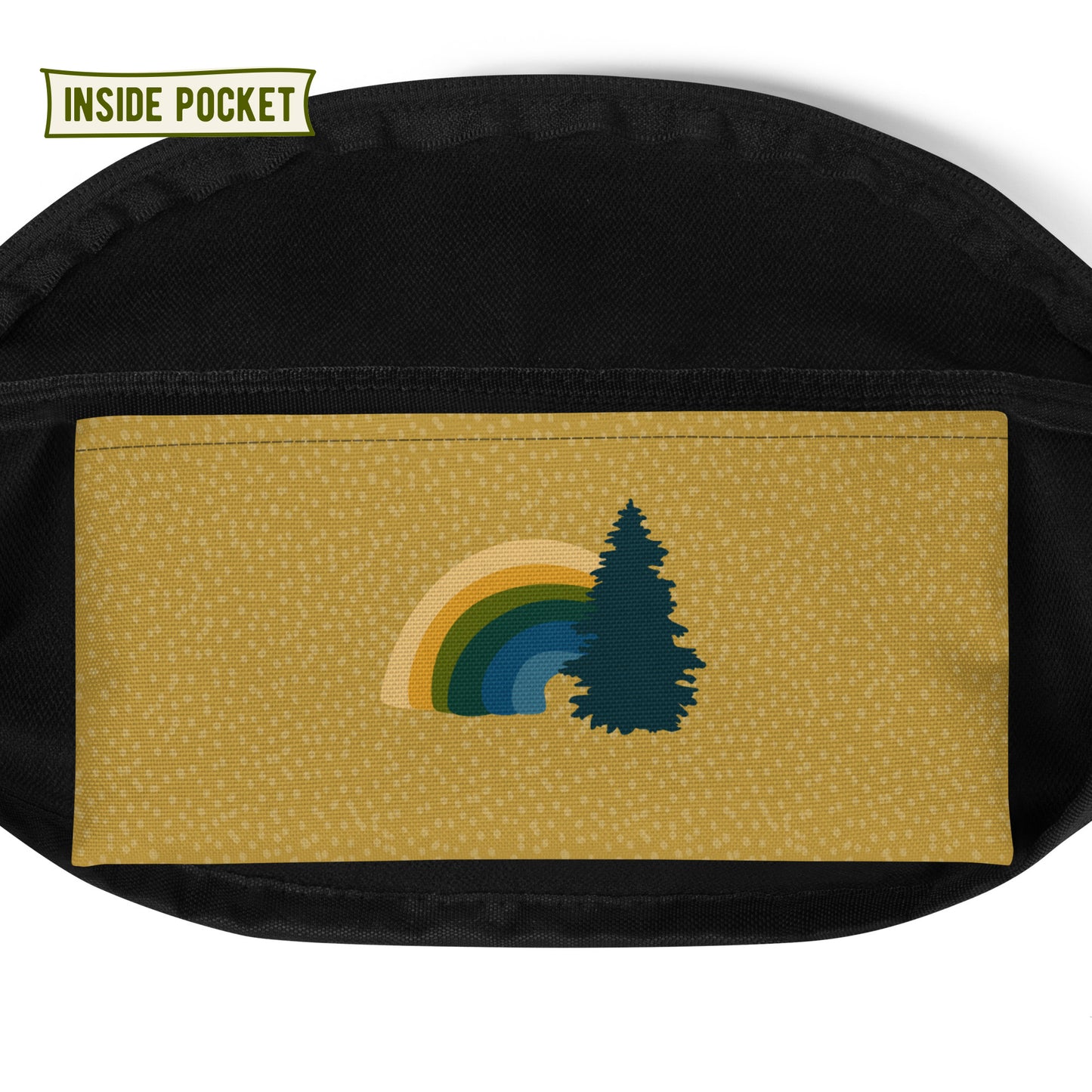 Interior pack pocket. It's yellow with a rainbow and pine tree in the middle.