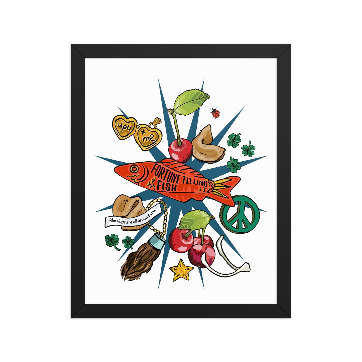 Lucky Charms Framed Art Print | Appalachian Rococo Poster | Cherries | Peace | Good Fortune | Apartment Wall Decor | Home Decor Gallery Wall | Black Wood Frame | 11x14