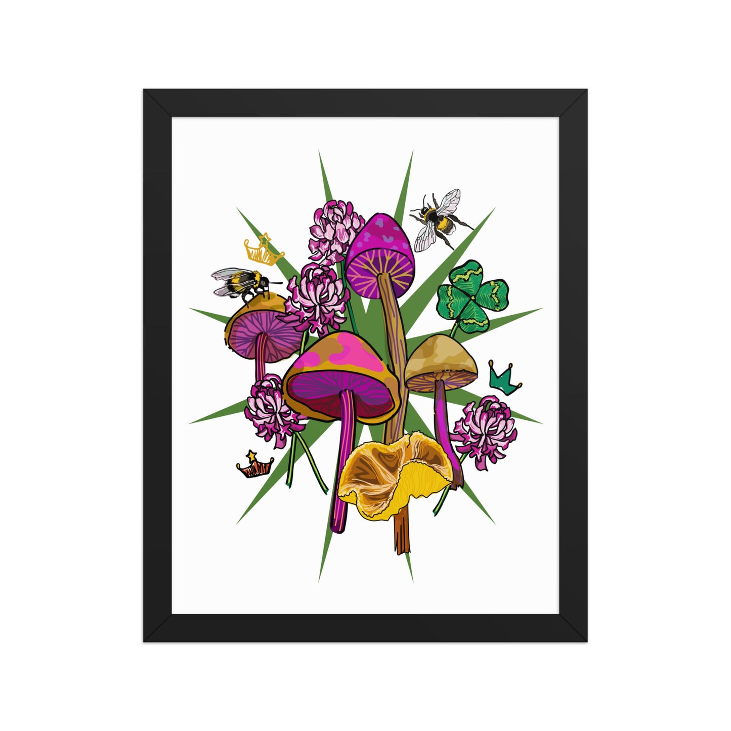 Mushrooms Bees Clover Framed Art Print | Appalachian Rococo Poster | Luck Charms | Queen Bees | Four Leaf Clover | Apartment Wall Decor | Black Wood Frame | 11x14