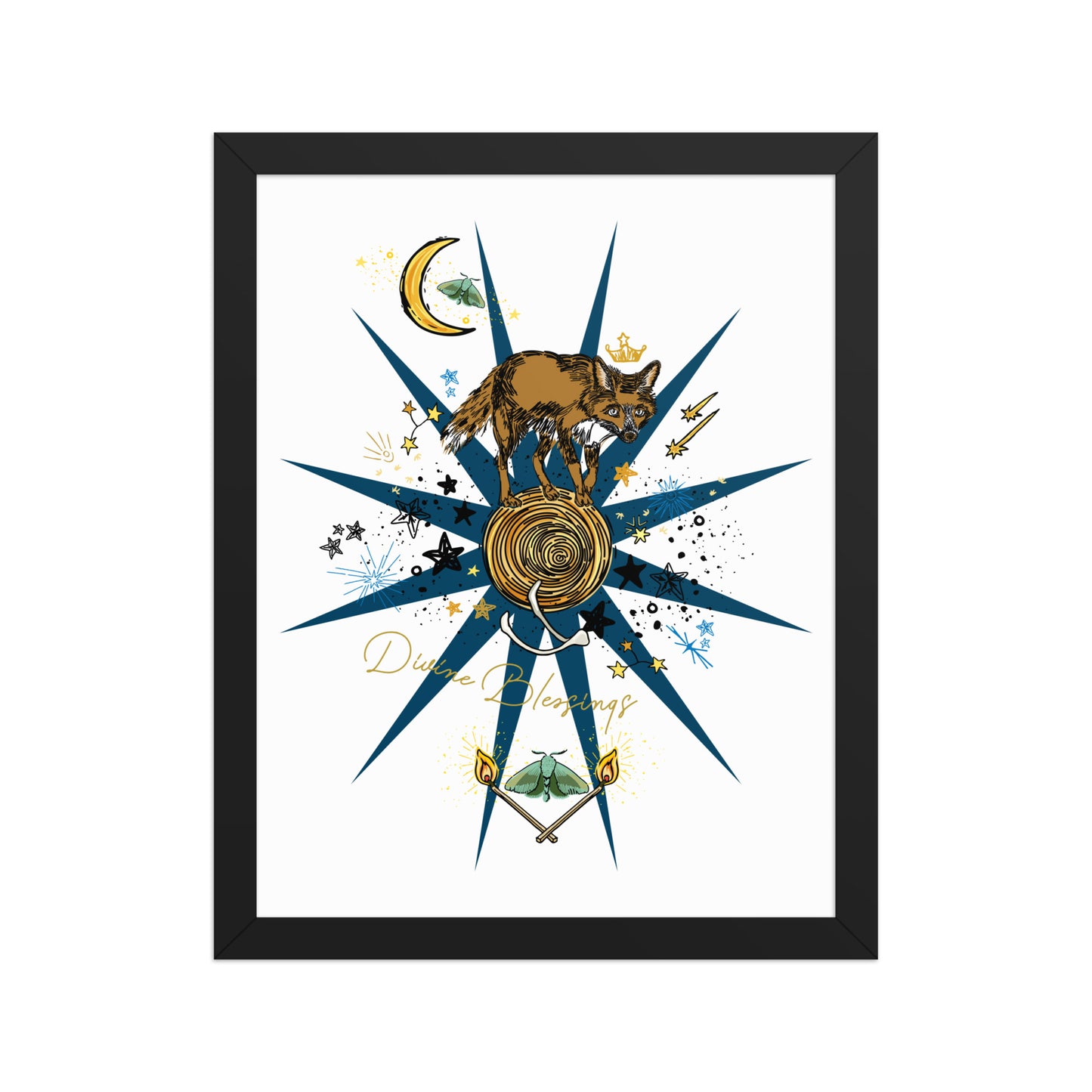 Celestial Fox Moon Framed Art Print | Appalachian Rococo Poster | Luck Charms | Divine Blessings | Stars | Moths | Apartment Wall Decor | Black Wood Frame | 11x14
