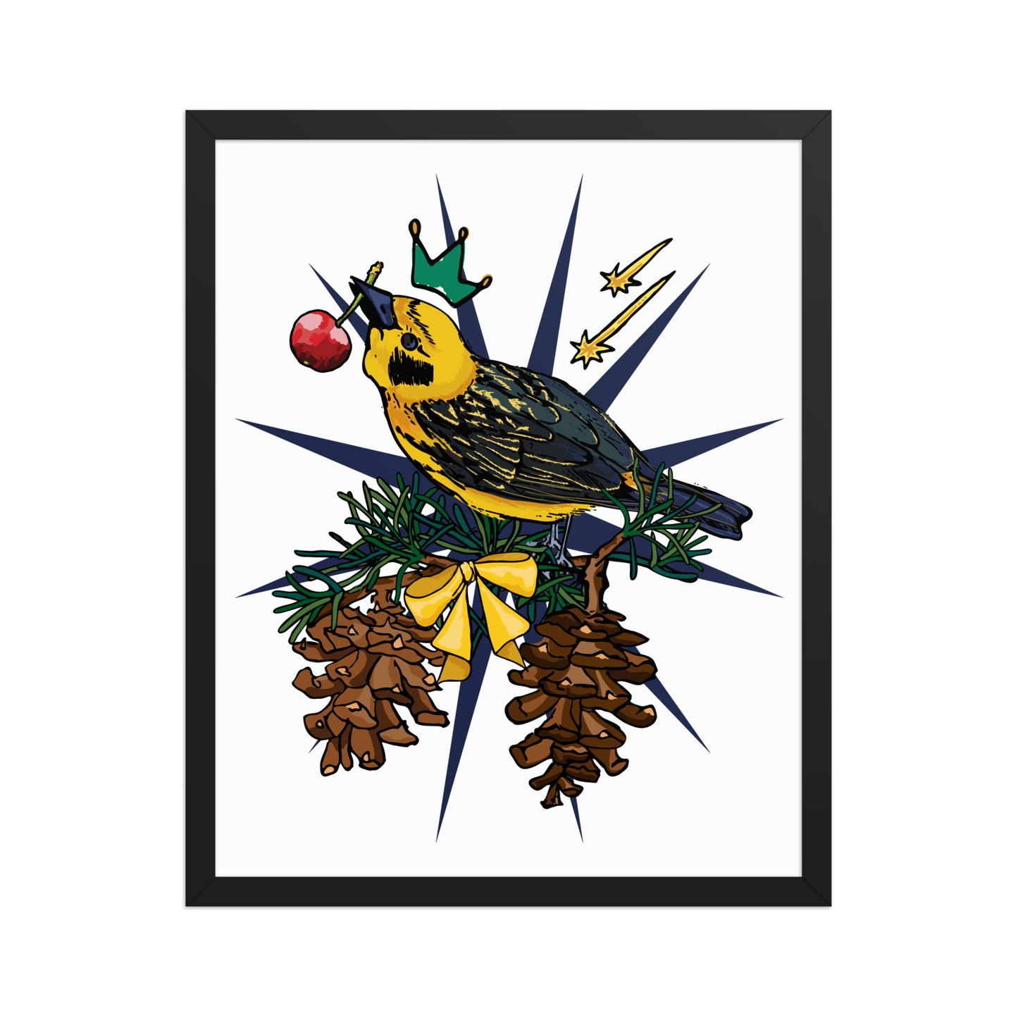 Gold Bird Framed Art Print | Appalachian Rococo Poster | Pine Tree | Golden Finch | Cherry | Apartment Wall Decor | Gallery Wall Home Decor | Black Wood Frame | 16x20