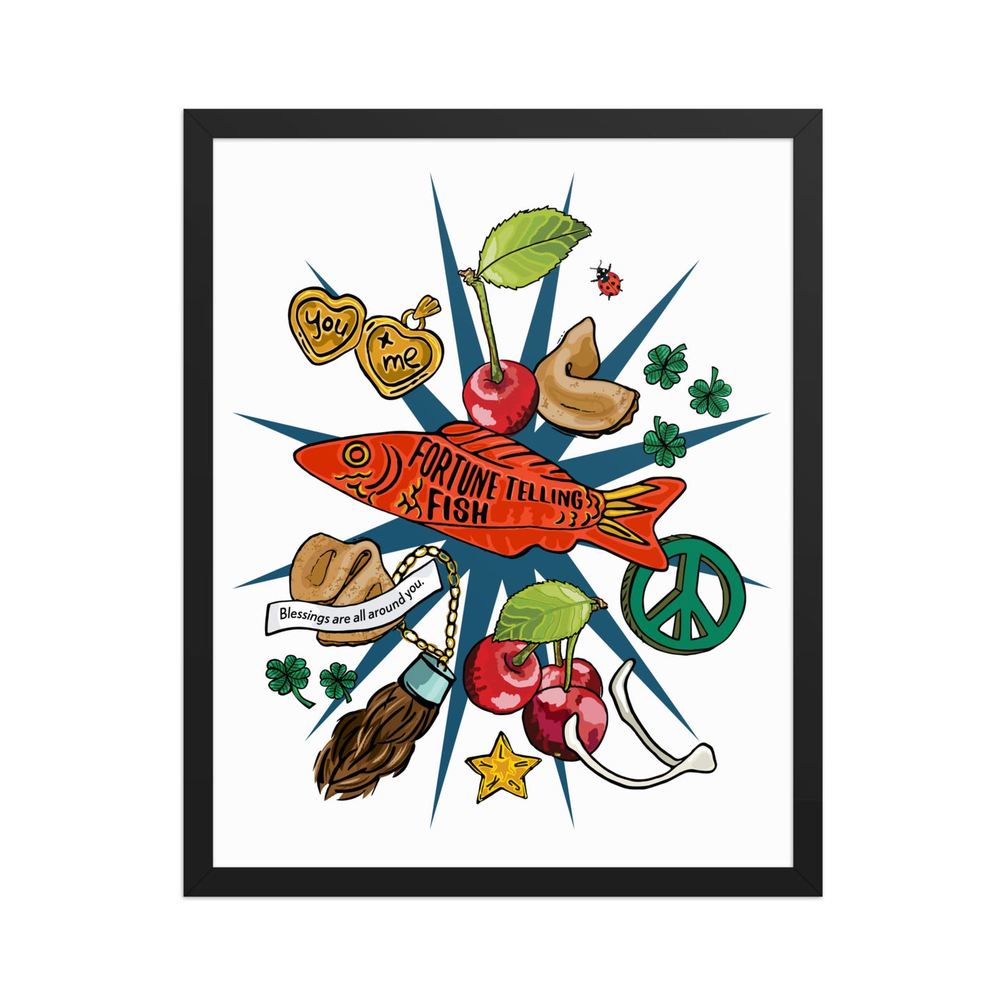 Lucky Charms Framed Art Print | Appalachian Rococo Poster | Cherries | Peace | Good Fortune | Apartment Wall Decor | Home Decor Gallery Wall | Black Wood Frame | 16x20