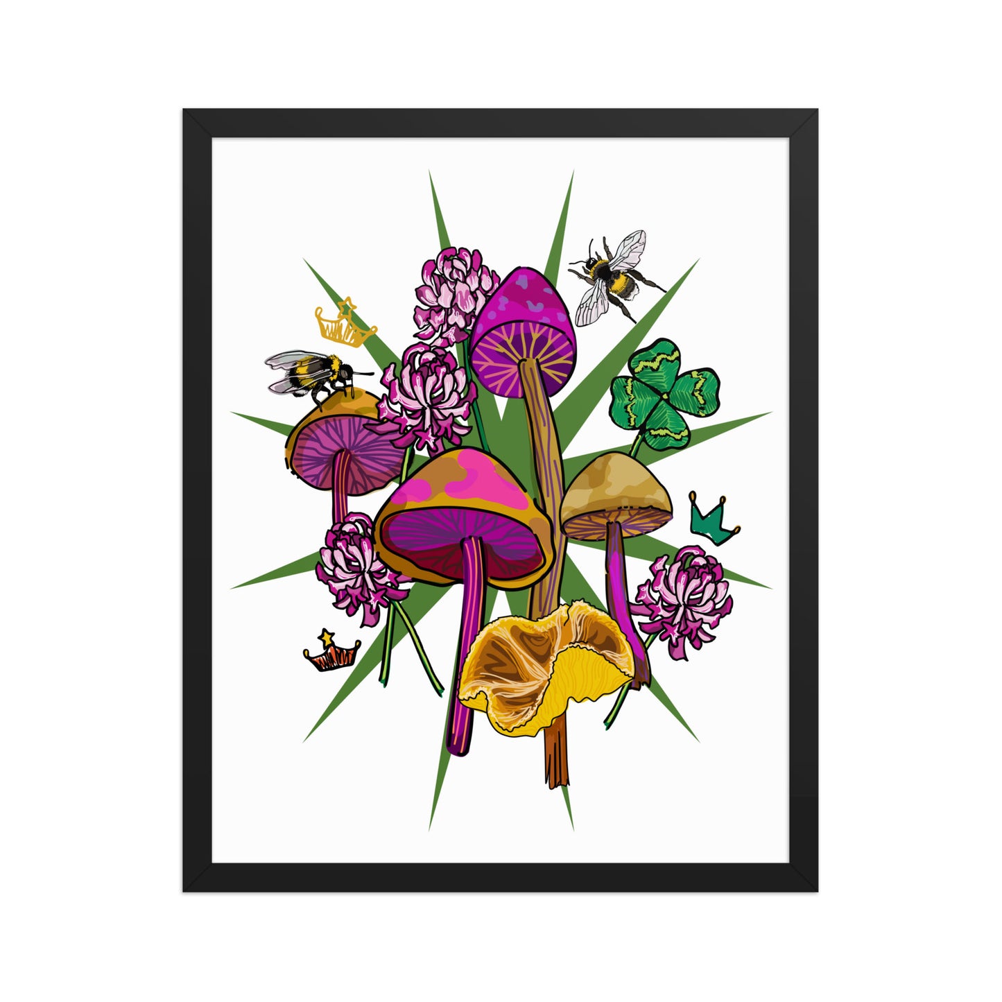 Mushrooms Bees Clover Framed Art Print | Appalachian Rococo Poster | Luck Charms | Queen Bees | Four Leaf Clover | Apartment Wall Decor | Black Wood Frame | 16x20