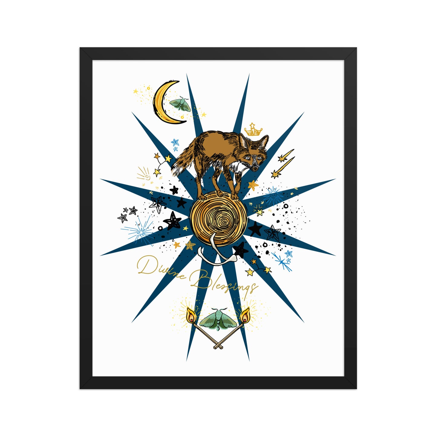 Celestial Fox Moon Framed Art Print | Appalachian Rococo Poster | Luck Charms | Divine Blessings | Stars | Moths | Apartment Wall Decor | Black Wood Frame | 16x20
