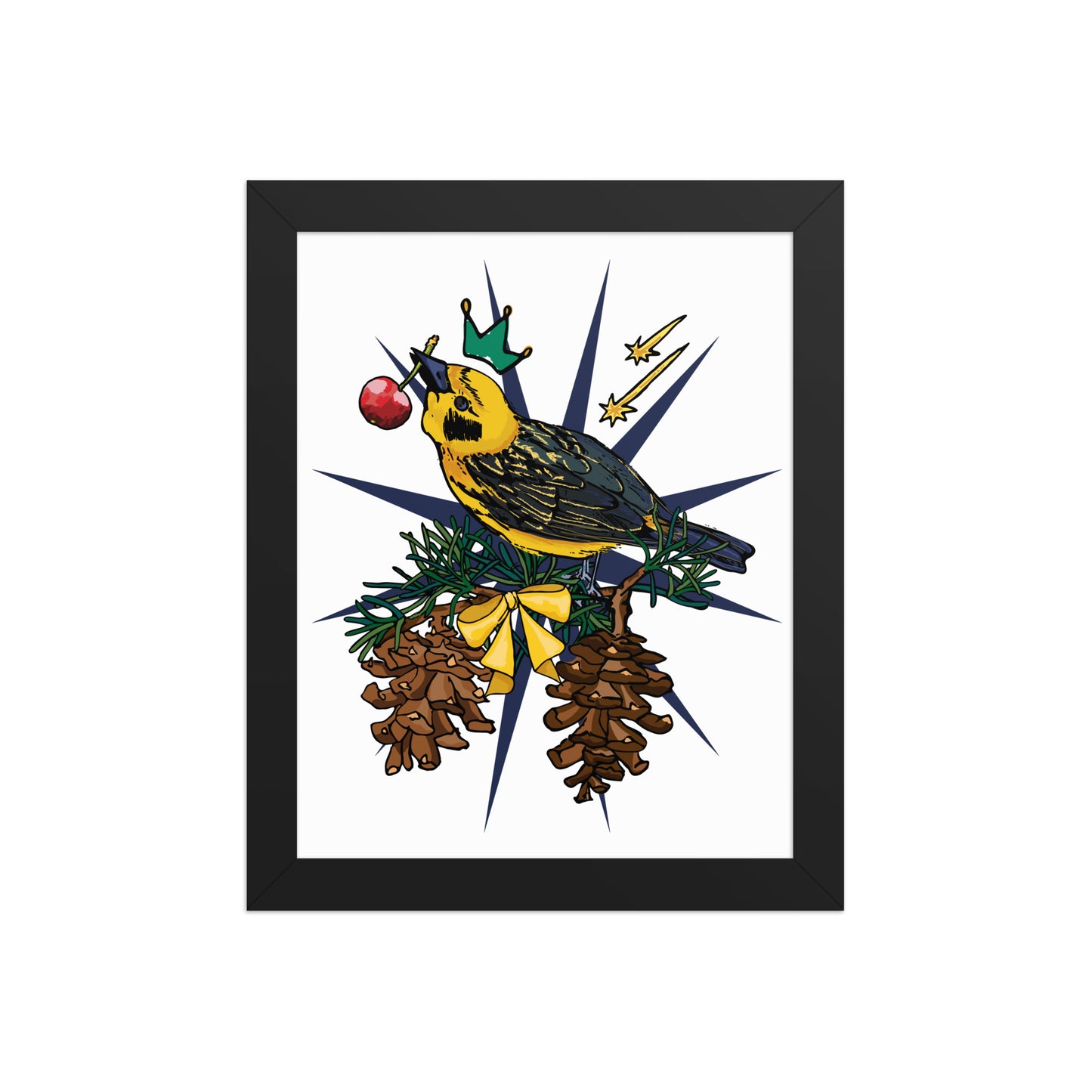 Gold Bird Framed Art Print | Appalachian Rococo Poster | Pine Tree | Golden Finch | Cherry | Apartment Wall Decor | Gallery Wall Home Decor | Black Wood Frame | 8x10