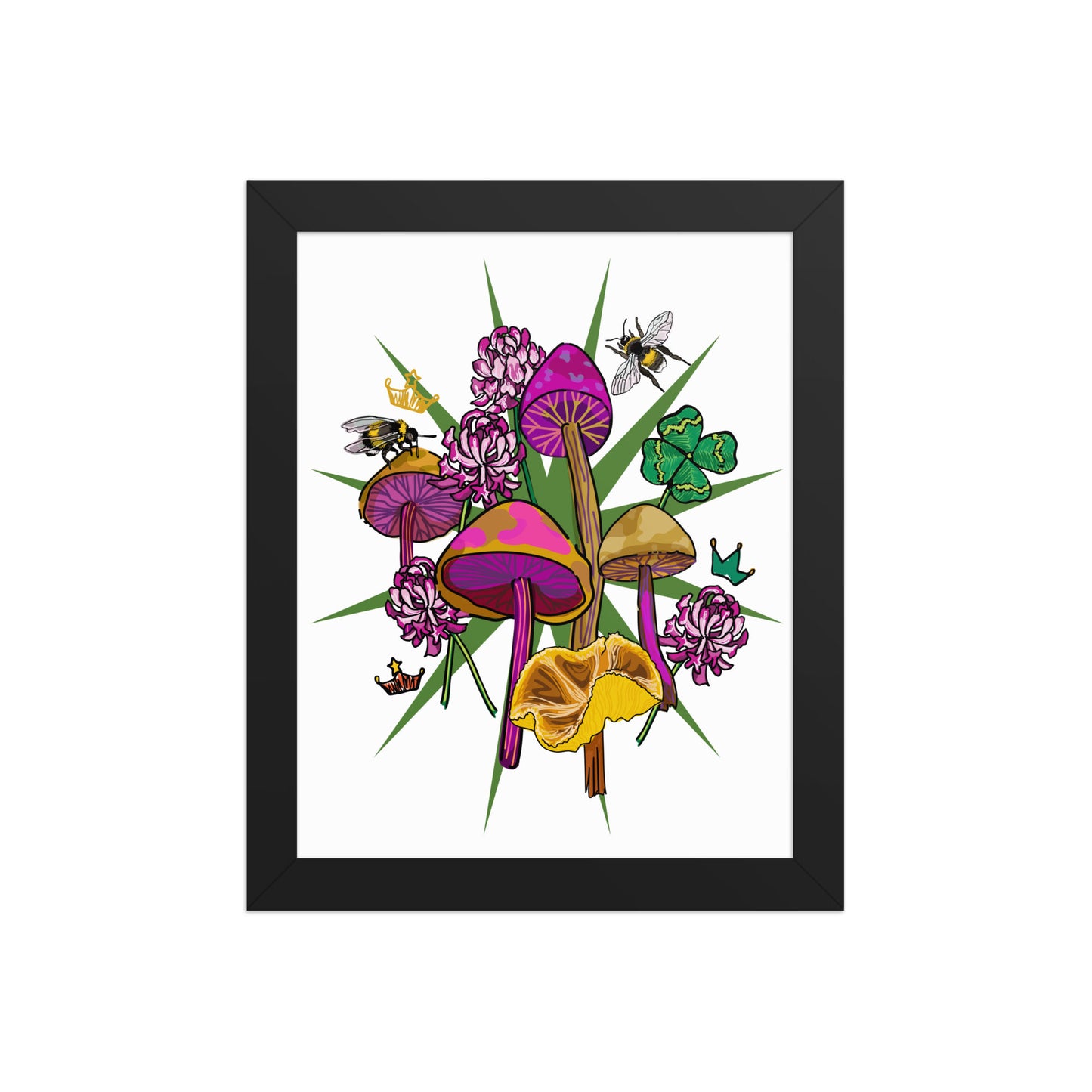 Mushrooms Bees Clover Framed Art Print | Appalachian Rococo Poster | Luck Charms | Queen Bees | Four Leaf Clover | Apartment Wall Decor | Black Wood Frame | 8x10