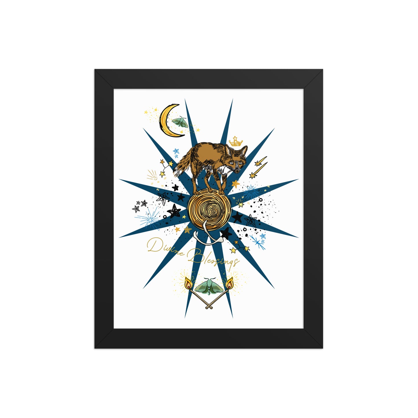 Celestial Fox Moon Framed Art Print | Appalachian Rococo Poster | Luck Charms | Divine Blessings | Stars | Moths | Apartment Wall Decor | Black Wood Frame | 8x10