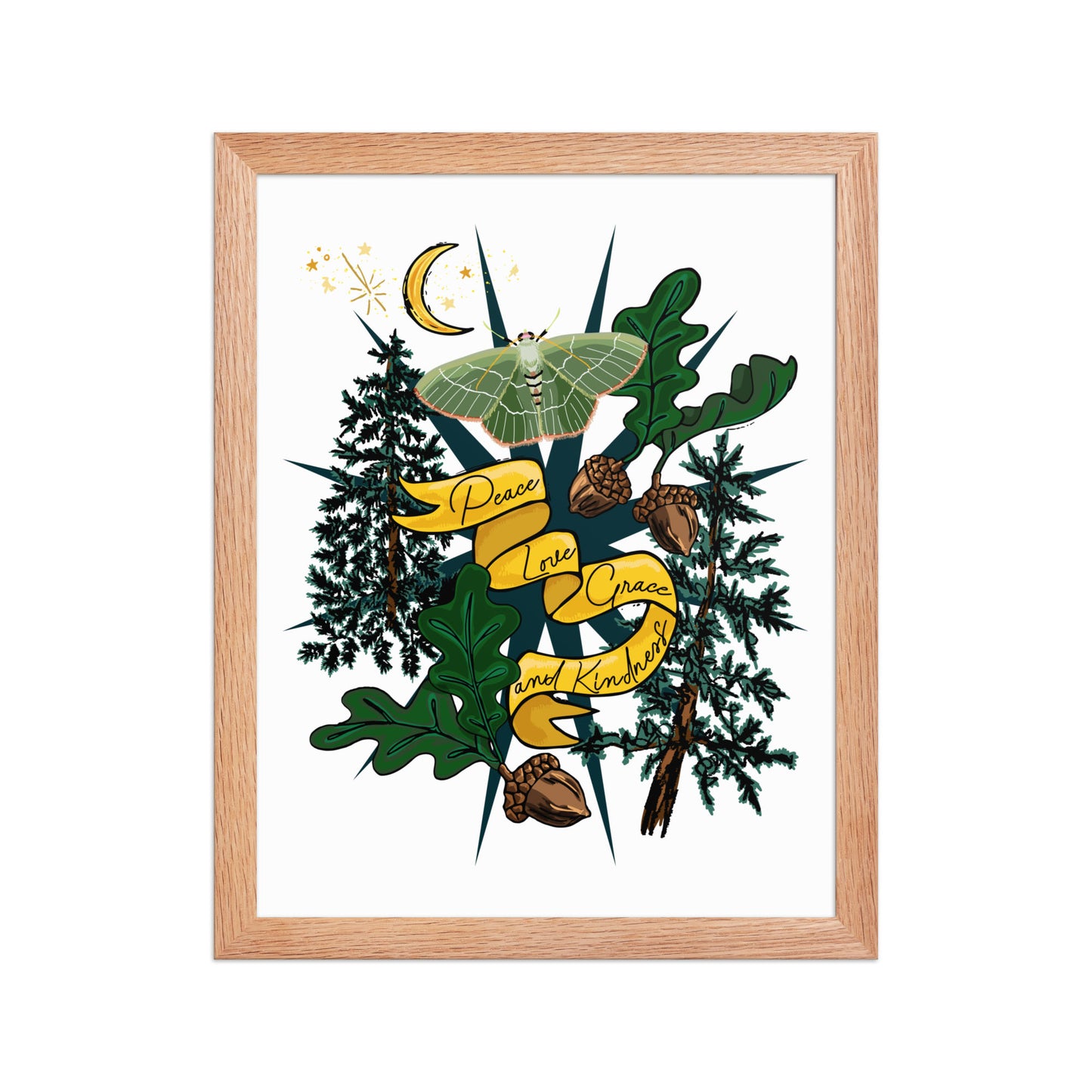 Forest Moth and Moon Framed Art Print | Appalachian Rococo Poster | Luck Charms | Peace & Love | Crescent Moon | Apartment Wall Decor | Natural Wood Frame | 11x14