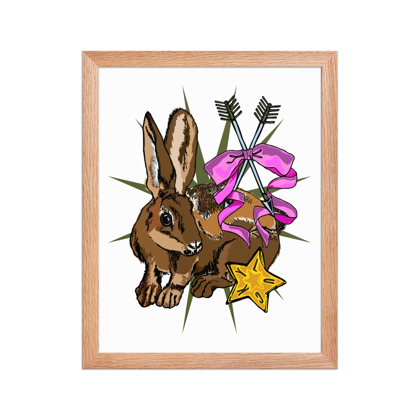 Lucky Rabbit's Path Framed Art Print | Appalachian Rococo Poster | Bunny | Arrows | Lucky Star | Apartment Wall Decor | Natural Wood Frame | 11 x14