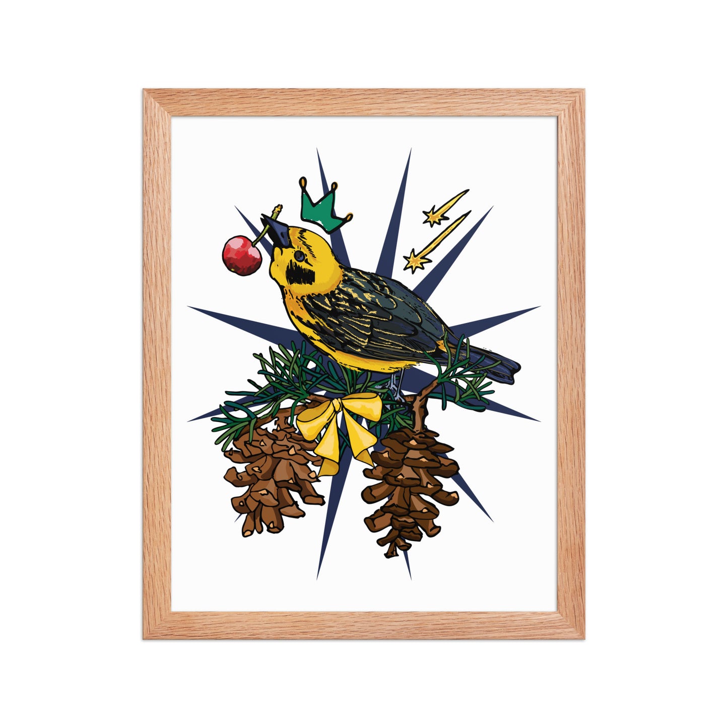 Gold Bird Framed Art Print | Appalachian Rococo Poster | Pine Tree | Golden Finch | Cherry | Apartment Wall Decor | Gallery Wall Home Decor | Natural Wood Frame | 11x14