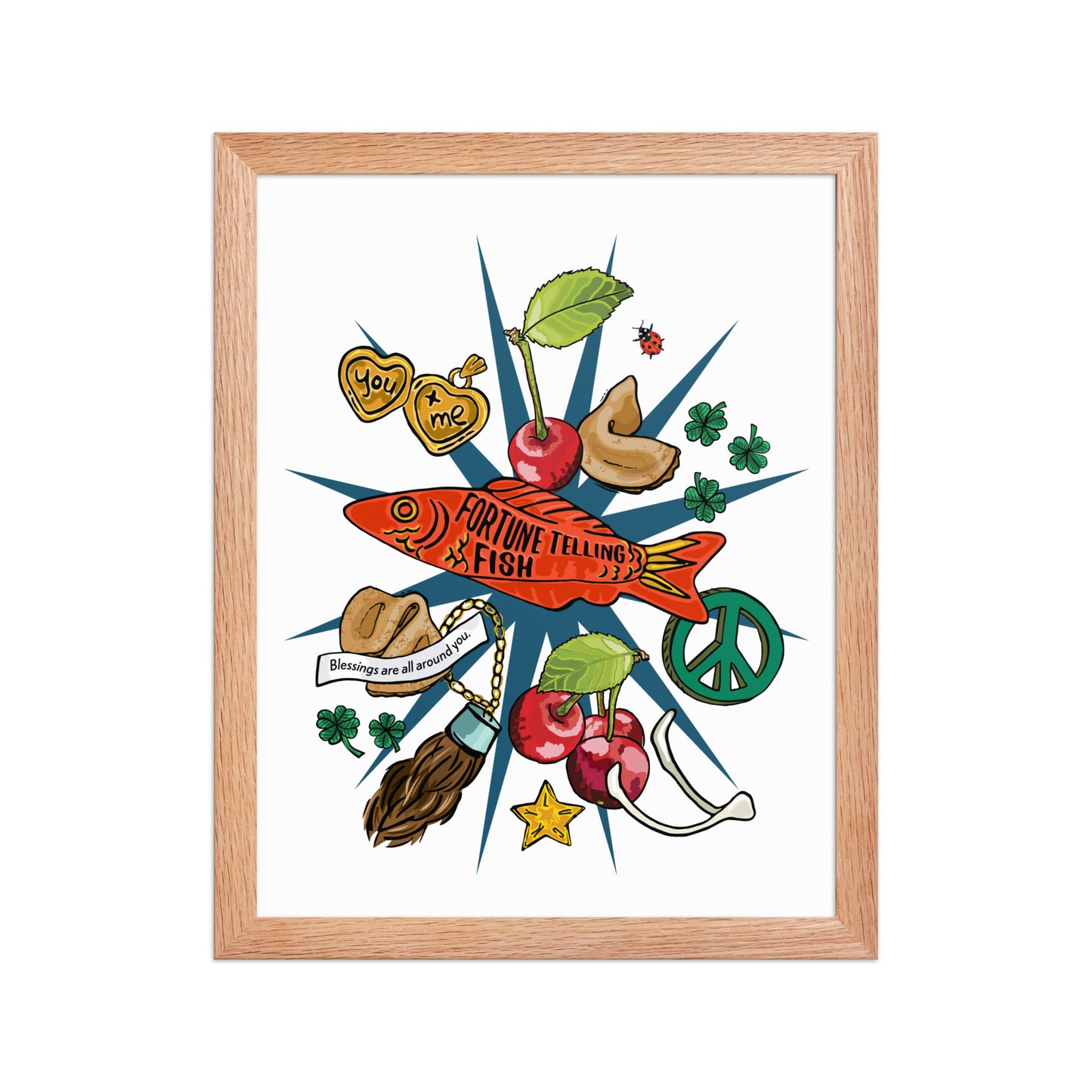 Lucky Charms Framed Art Print | Appalachian Rococo Poster | Cherries | Peace | Good Fortune | Apartment Wall Decor | Home Decor Gallery Wall | Natural Wood Frame | 11x14