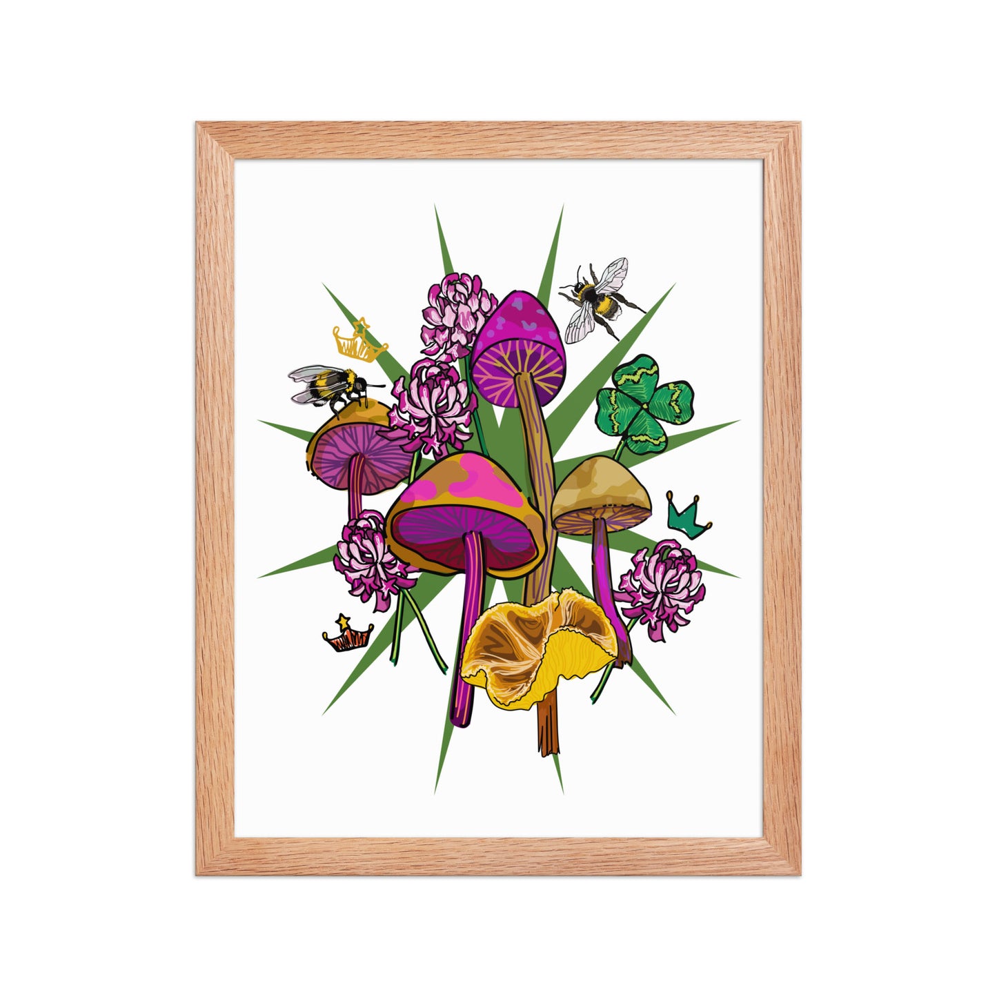 Mushrooms Bees Clover Framed Art Print | Appalachian Rococo Poster | Luck Charms | Queen Bees | Four Leaf Clover | Apartment Wall Decor | Natural Wood Frame | 11x14