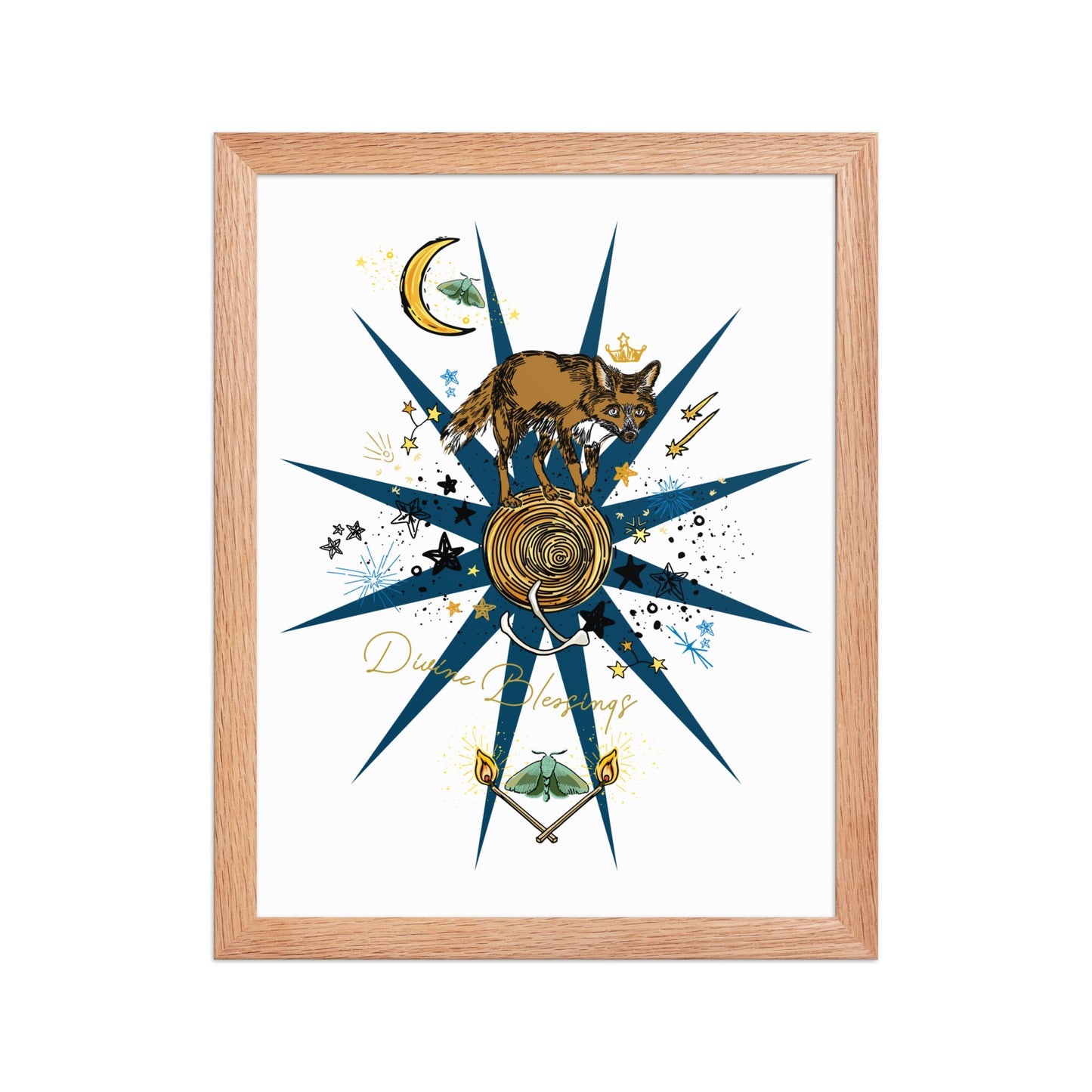 Celestial Fox Moon Framed Art Print | Appalachian Rococo Poster | Luck Charms | Divine Blessings | Stars | Moths | Apartment Wall Decor | Natural Wood Frame | 11x14