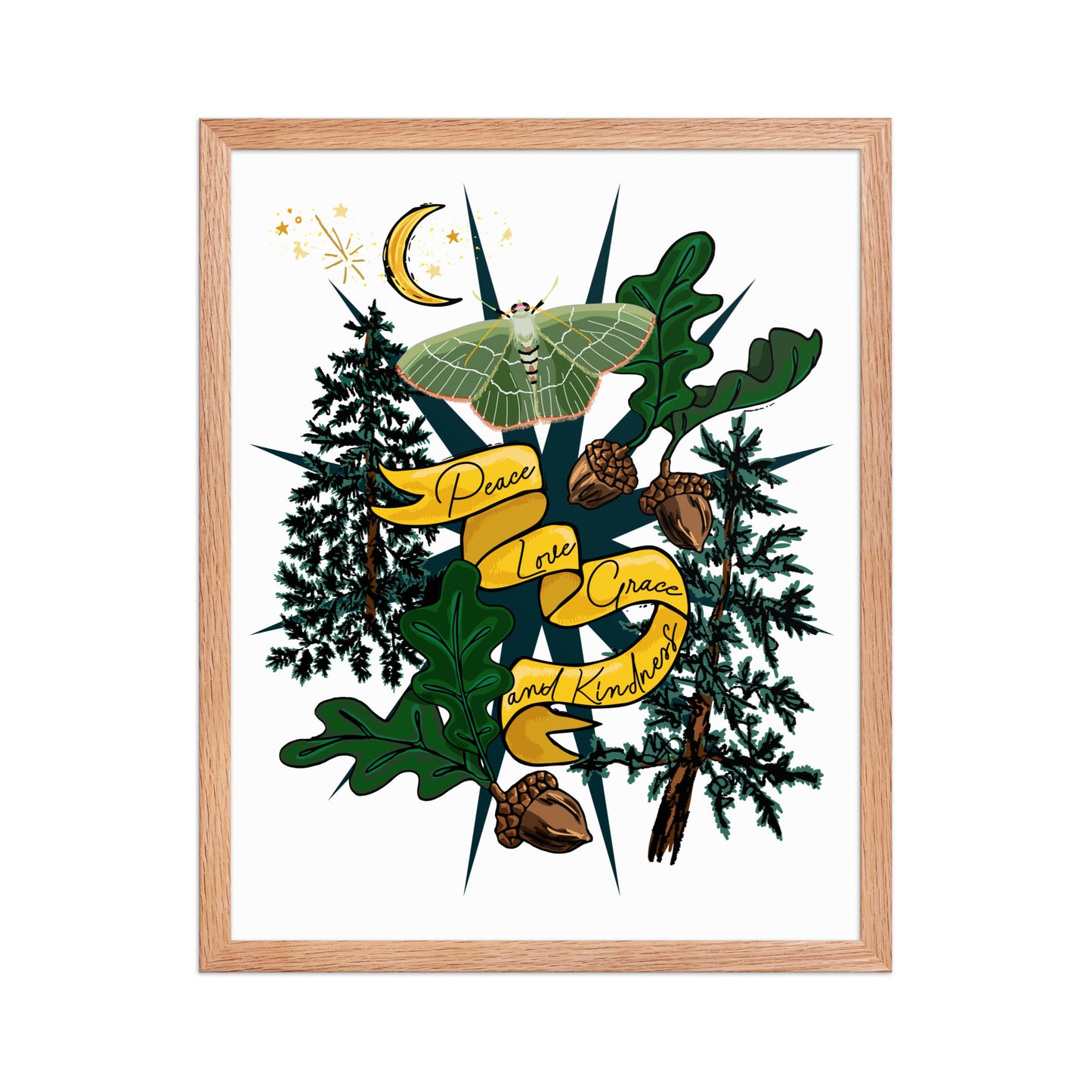 Forest Moth and Moon Framed Art Print | Appalachian Rococo Poster | Luck Charms | Peace & Love | Crescent Moon | Apartment Wall Decor | Natural Wood Frame | 16x20