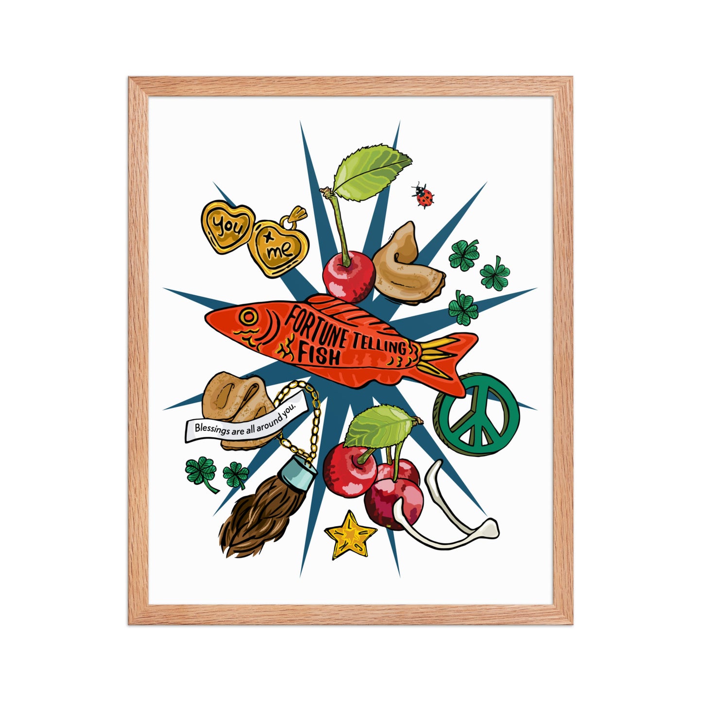 Lucky Charms Framed Art Print | Appalachian Rococo Poster | Cherries | Peace | Good Fortune | Apartment Wall Decor | Home Decor Gallery Wall | Natural Wood Frame | 16x20