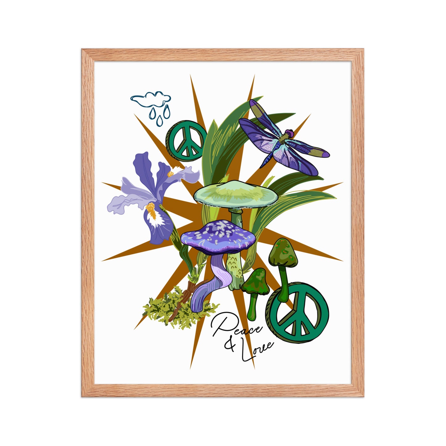 Mushroom Floral Peace Sign Framed Art Print | Appalachian Rococo Poster | Luck Charms | Peace & Love | Wild Iris | Apartment Wall Decor | Natural Wood Frame | 16x20