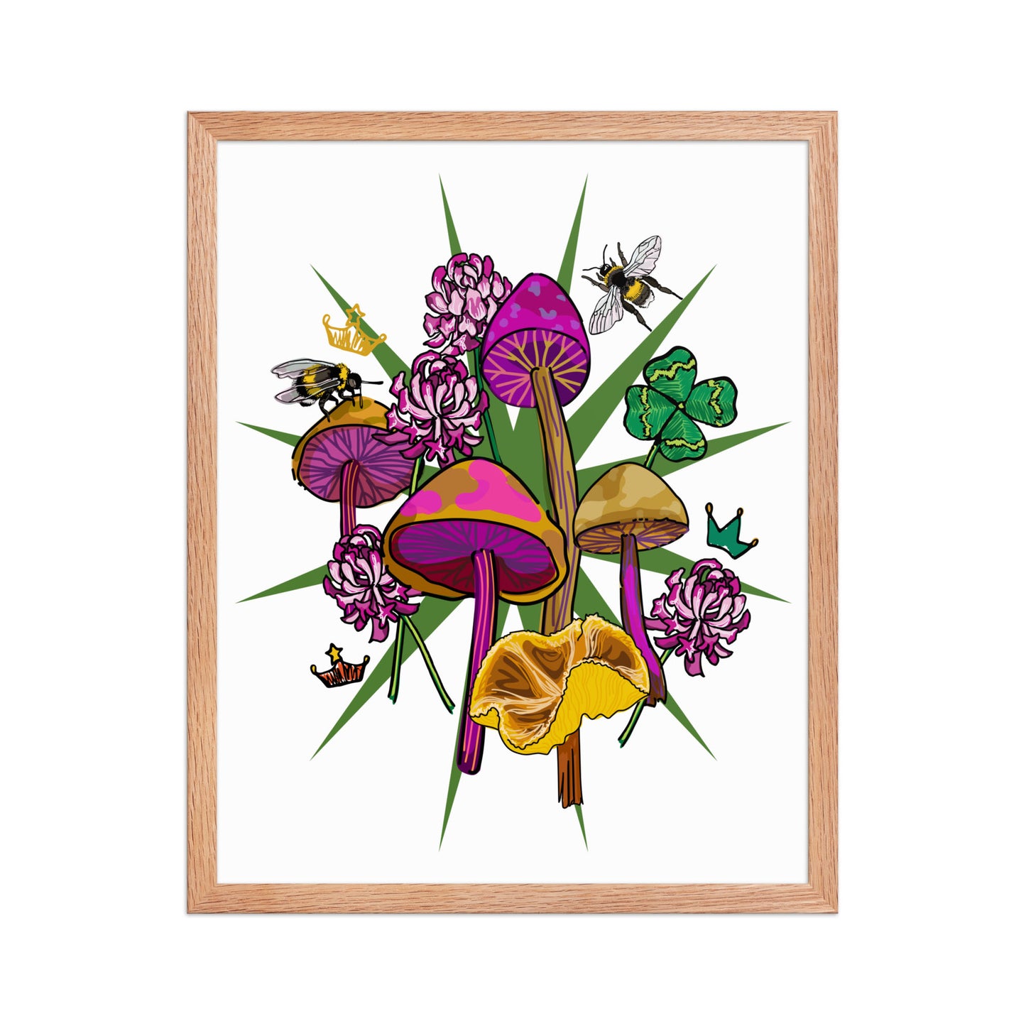 Mushrooms Bees Clover Framed Art Print | Appalachian Rococo Poster | Luck Charms | Queen Bees | Four Leaf Clover | Apartment Wall Decor | Natural Wood Frame | 16x20