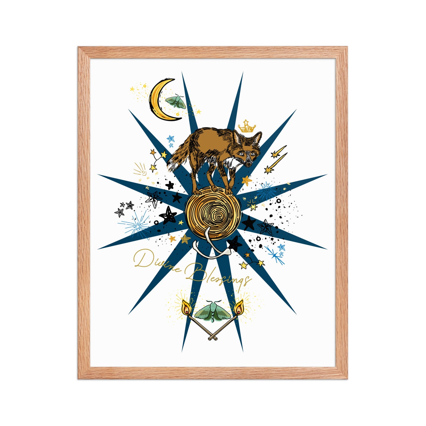 Celestial Fox Moon Framed Art Print | Appalachian Rococo Poster | Luck Charms | Divine Blessings | Stars | Moths | Apartment Wall Decor | Natural Wood Frame | 16x20