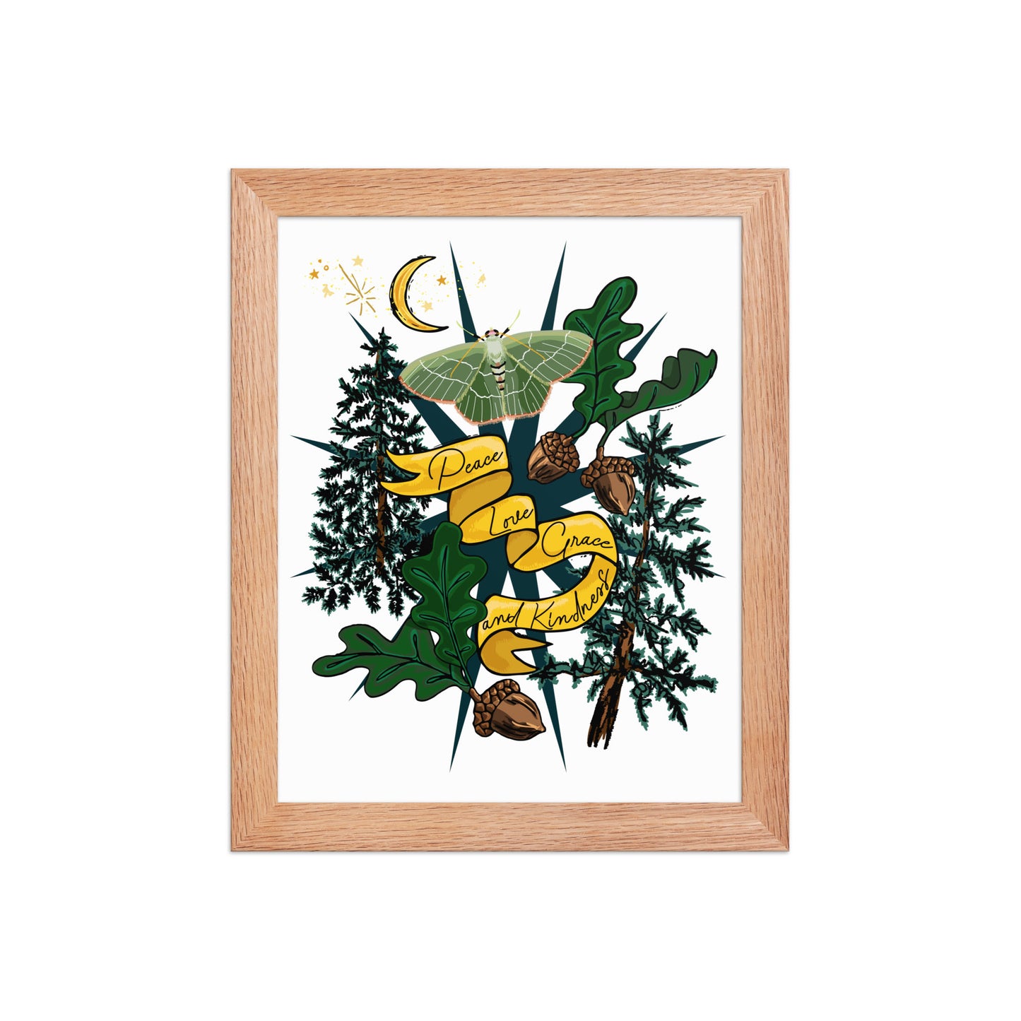 Forest Moth and Moon Framed Art Print | Appalachian Rococo Poster | Luck Charms | Peace & Love | Crescent Moon | Apartment Wall Decor | Natural Wood Frame | 8x10