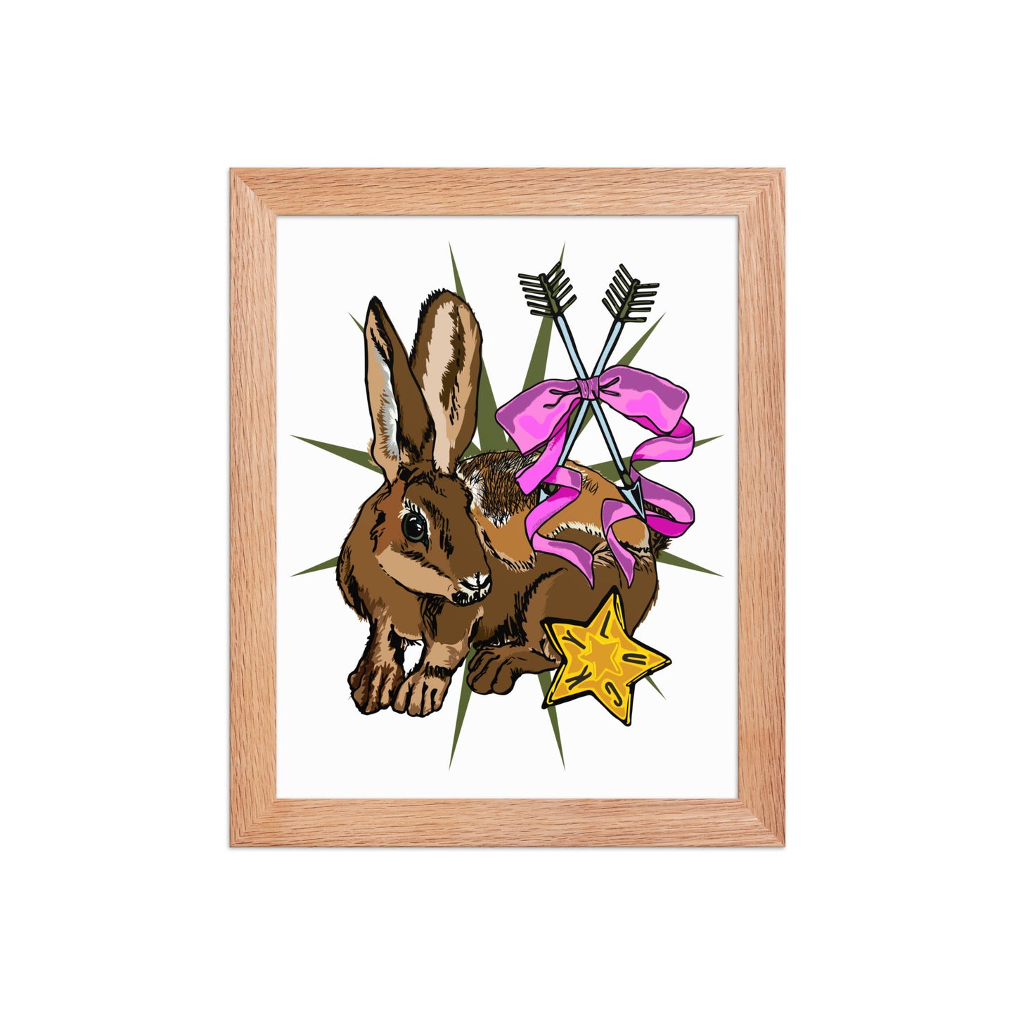 Lucky Rabbit's Path Framed Art Print | Appalachian Rococo Poster | Bunny | Arrows | Lucky Star | Apartment Wall Decor | Natural Wood Frame | 8 x10