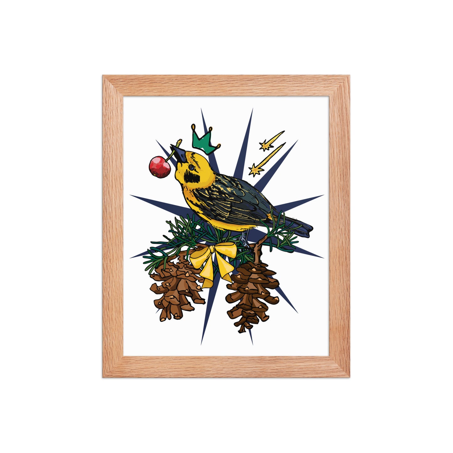Gold Bird Framed Art Print | Appalachian Rococo Poster | Pine Tree | Golden Finch | Cherry | Apartment Wall Decor | Gallery Wall Home Decor | Natural Wood Frame | 8x10